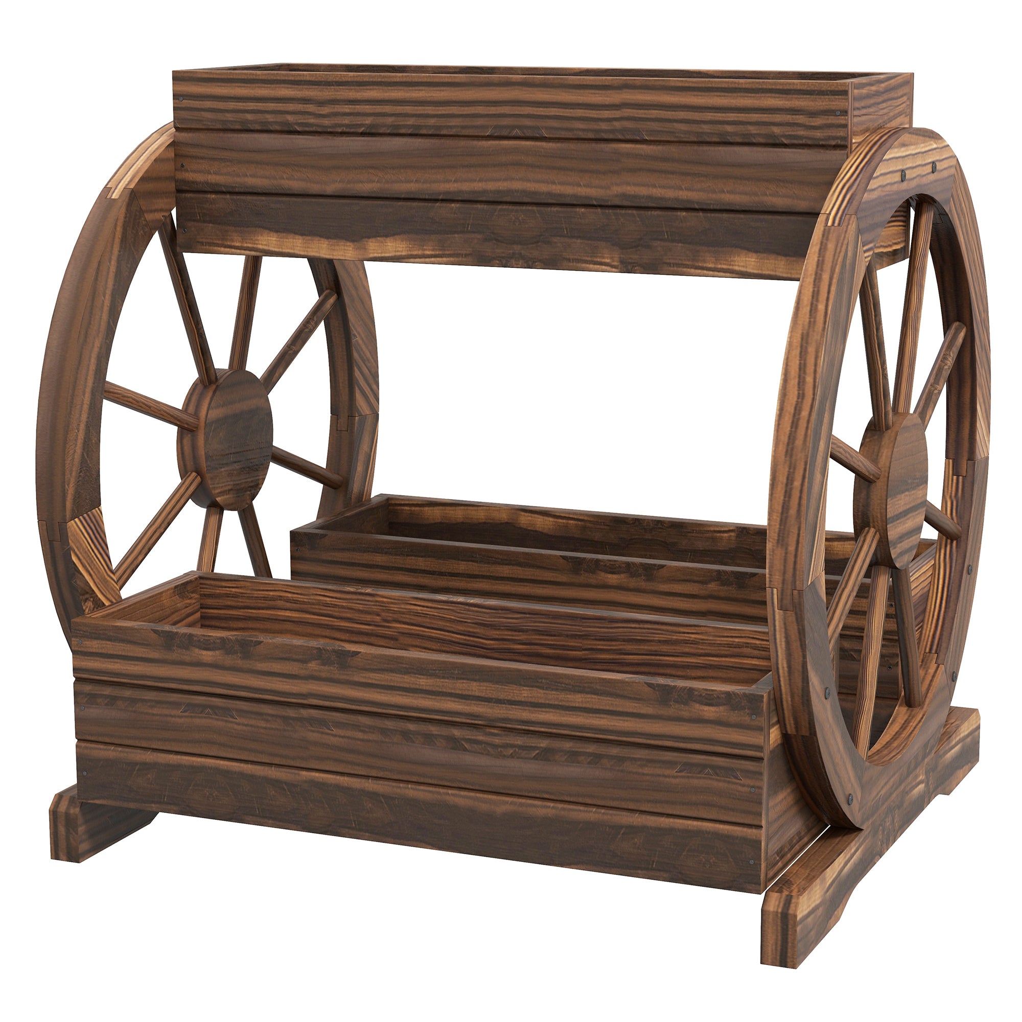 Wooden Wagon Planter Box, 3-Tier Raised Garden Bed, for Vegetables Flowers Herbs, 25" x 21" x 24" - Carbonized