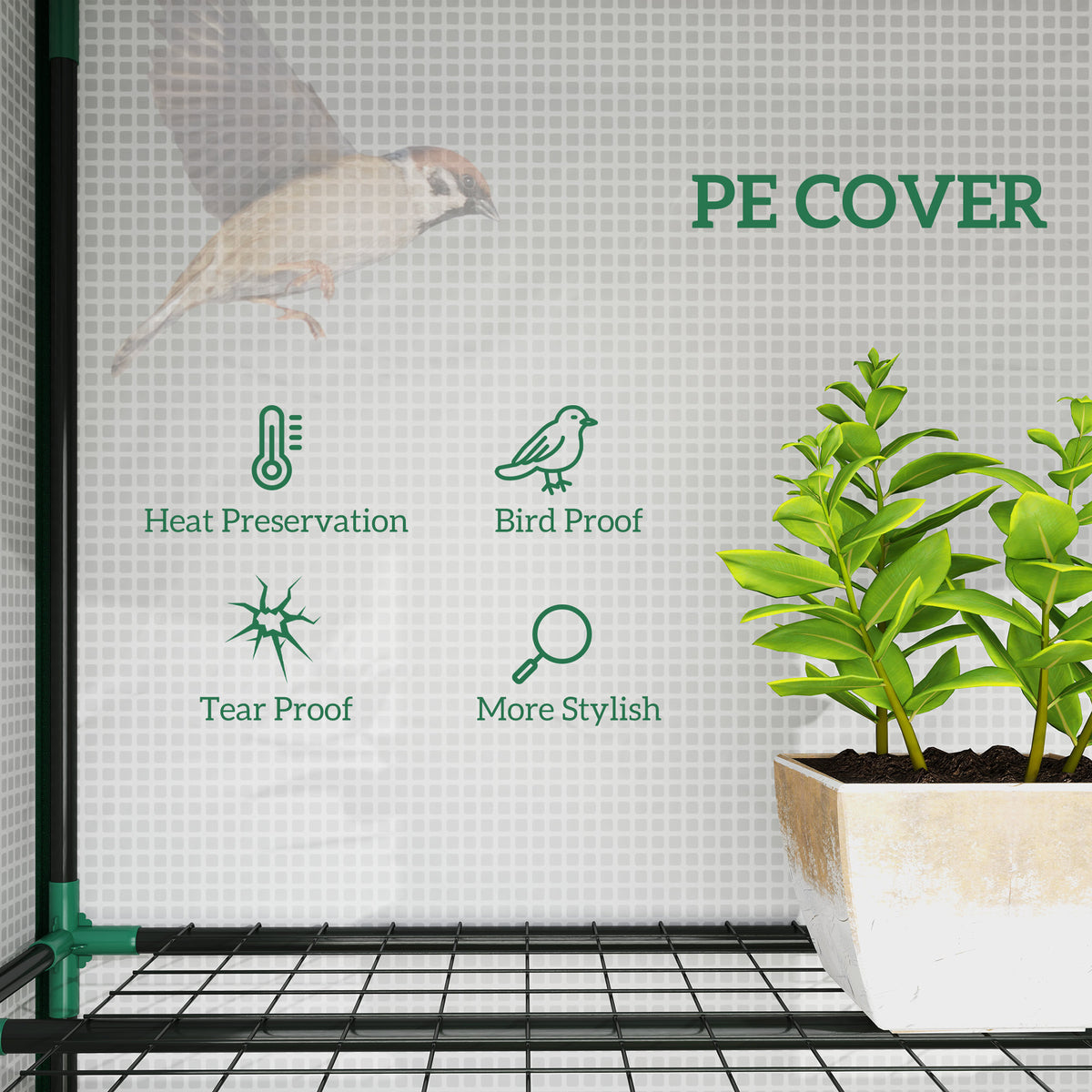84.6" x 18.1" x 56.7" Lean-to Mini Greenhouse, 3-Tier Shelves, 3 Roll-Up Doors, PE Cover, White