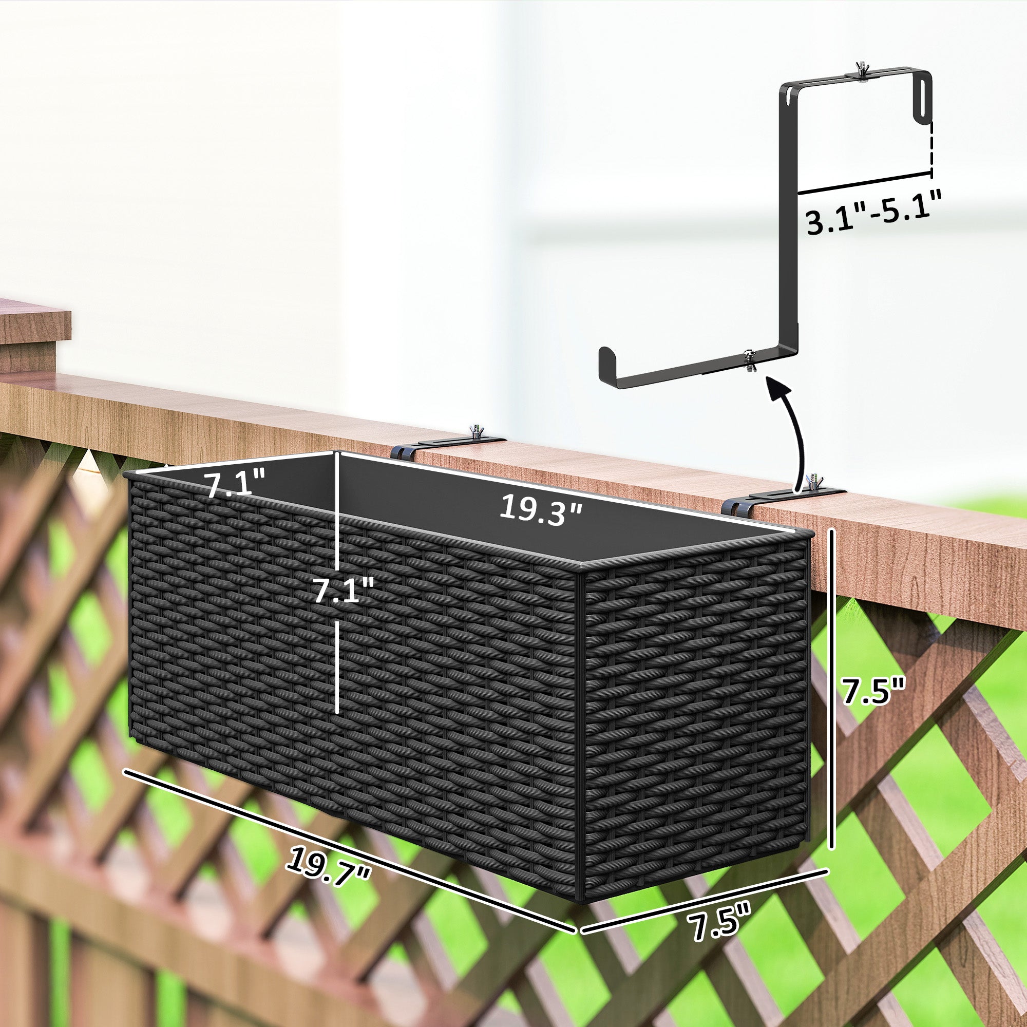 2 Pack 20 Inch Railing Flower Pots, Hanging Flower Pots with Hooks, Drainage Holes for Fence, Rattan Look, Black - Black - Image 3