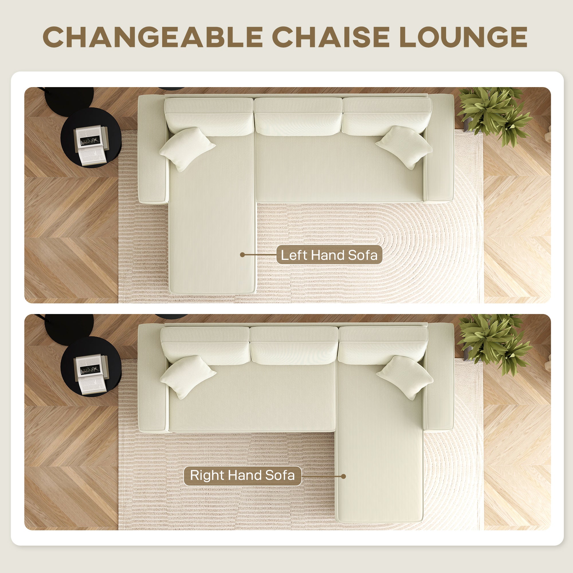 Corner Sofa with Reversible Chaise Lounge, Corduroy L-Shaped Sectional Sofa with Pocket Spring, Cream White