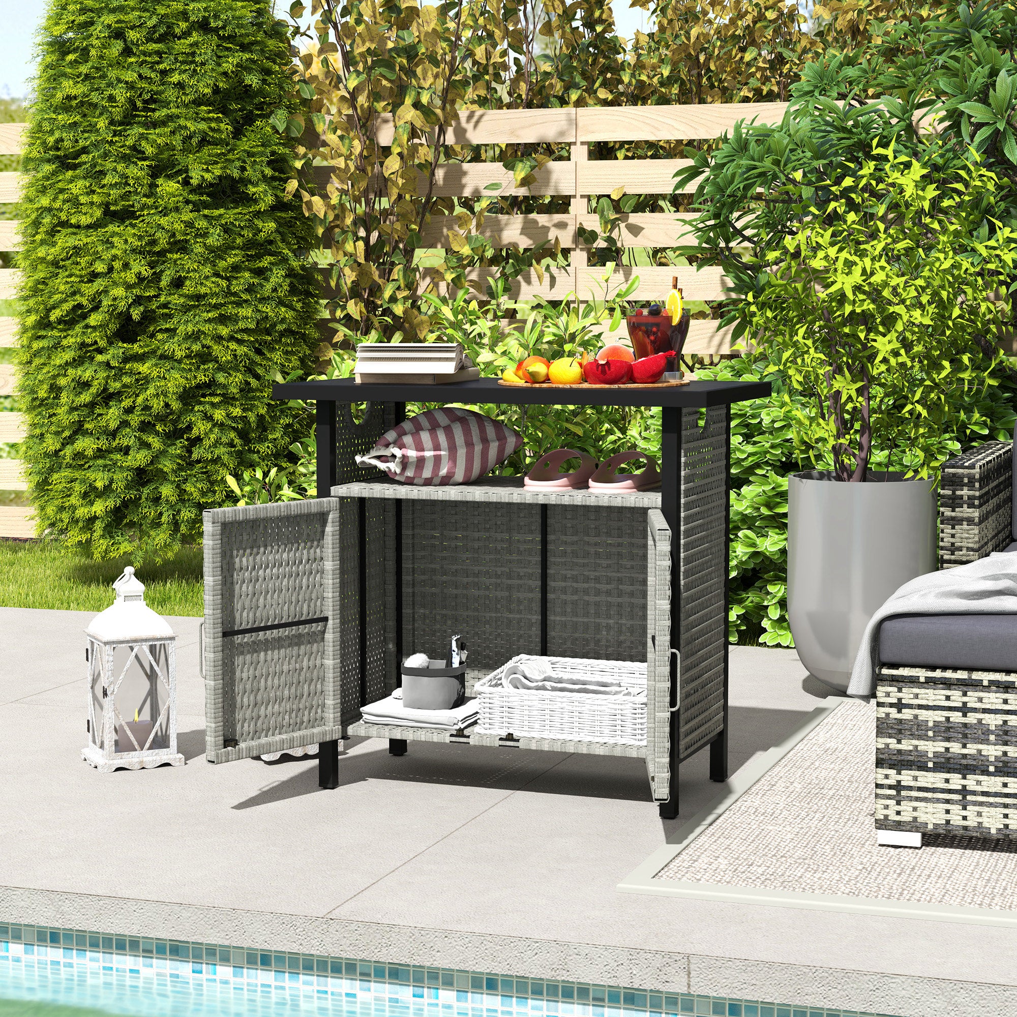 Outdoor Pool Towel Storage Cabinet Organizer, Outdoor Bar Table with Shelf and Cabinet, Pool Towel Holder Pool Valet with Weather-Resistant PE Rattan and Steel Frame, Gray - Gray - Image 8