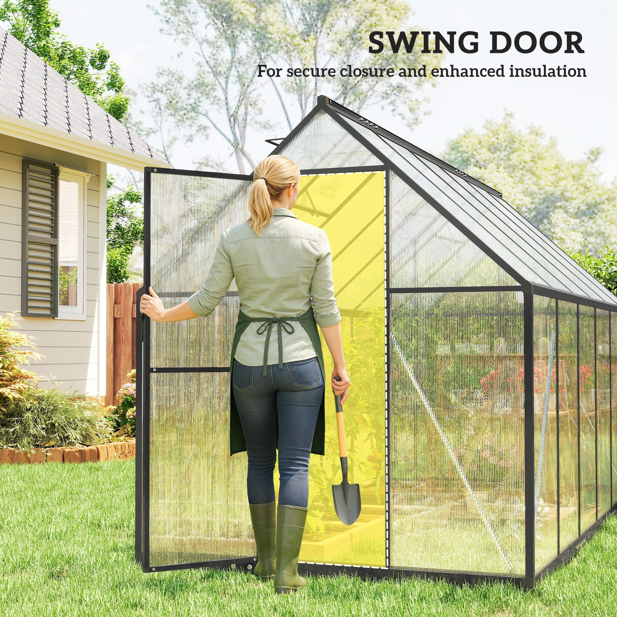Polycarbonate Greenhouse with Swing Door and Two Adjustable Roof Vents, Aluminum Walk-in Greenhouse, 11x6 ft, Black - Black - Image 6