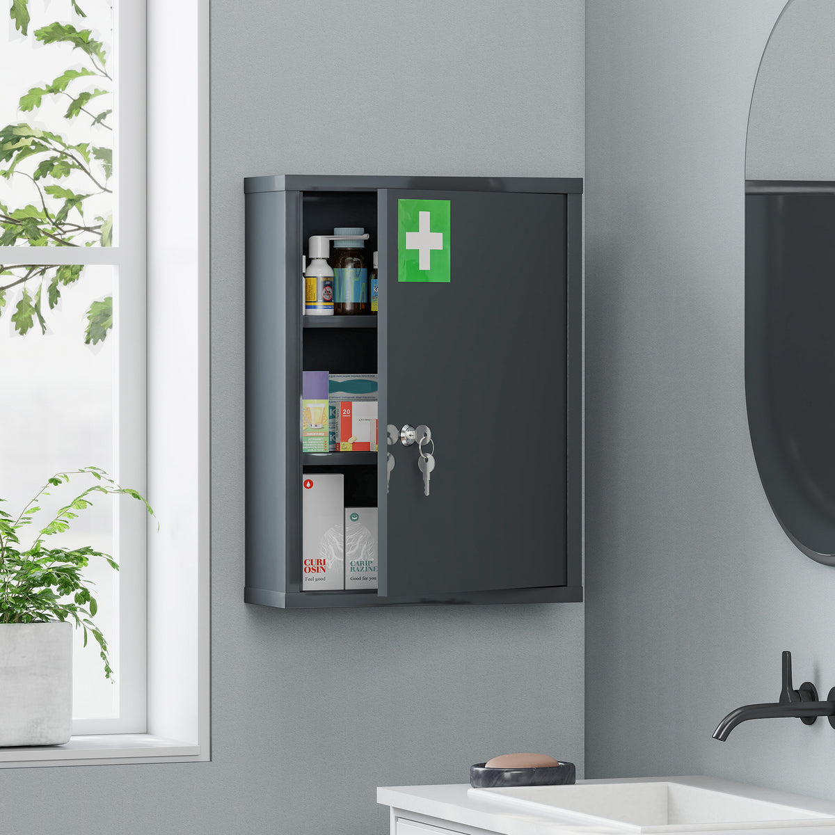 16" x 21" Lockable Medicine Cabinet, 3 Tier Steel Medical Wall Box with 2 Keys and Shelves for Bathroom, Gray
