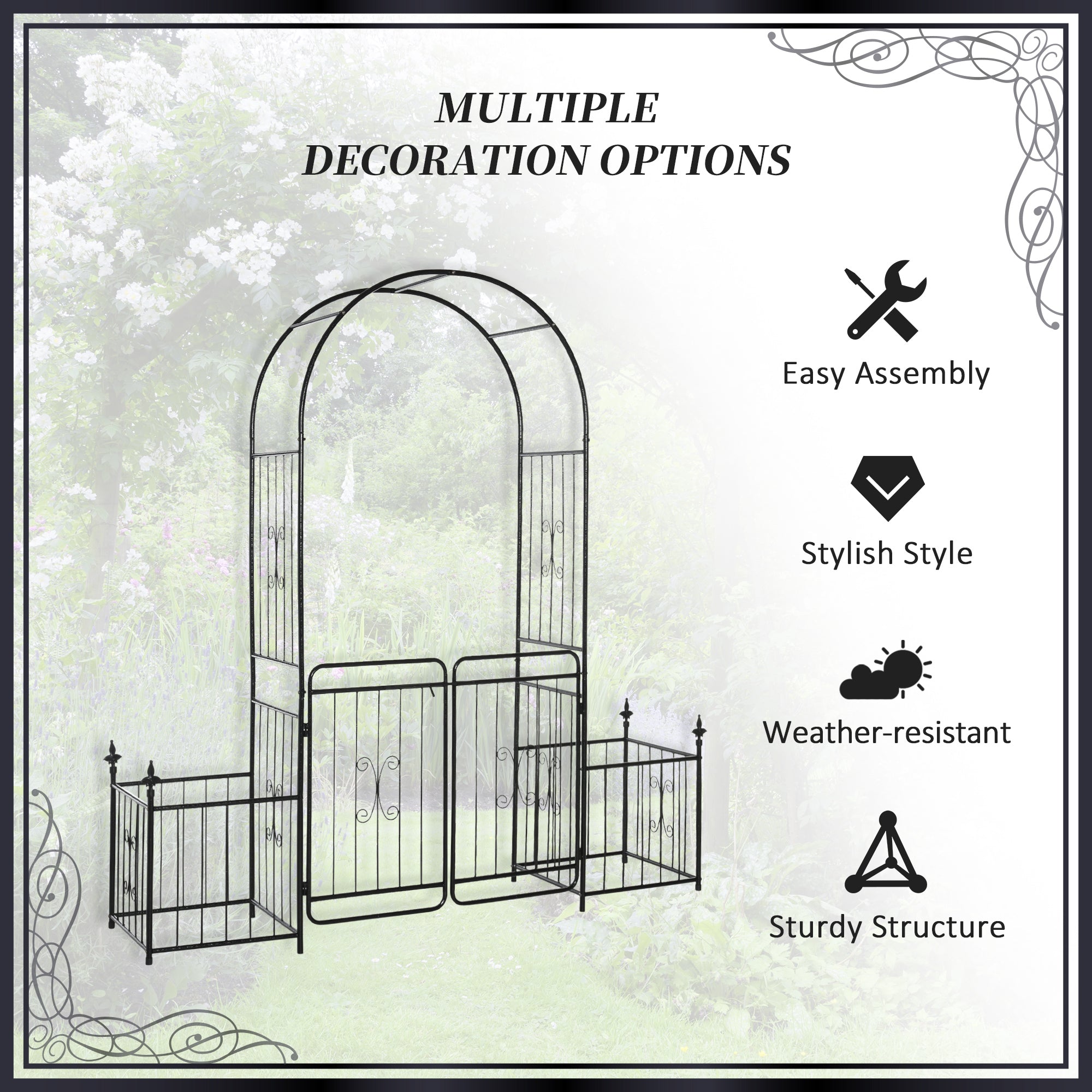 86" Garden Arch Arbor, Metal Arch Trellis with Gate and Planter Baskets, Garden Archway for Climbing Vines, Wedding Ceremony Decoration, Flourishes & Arrow Tips, Black - Black - Image 5