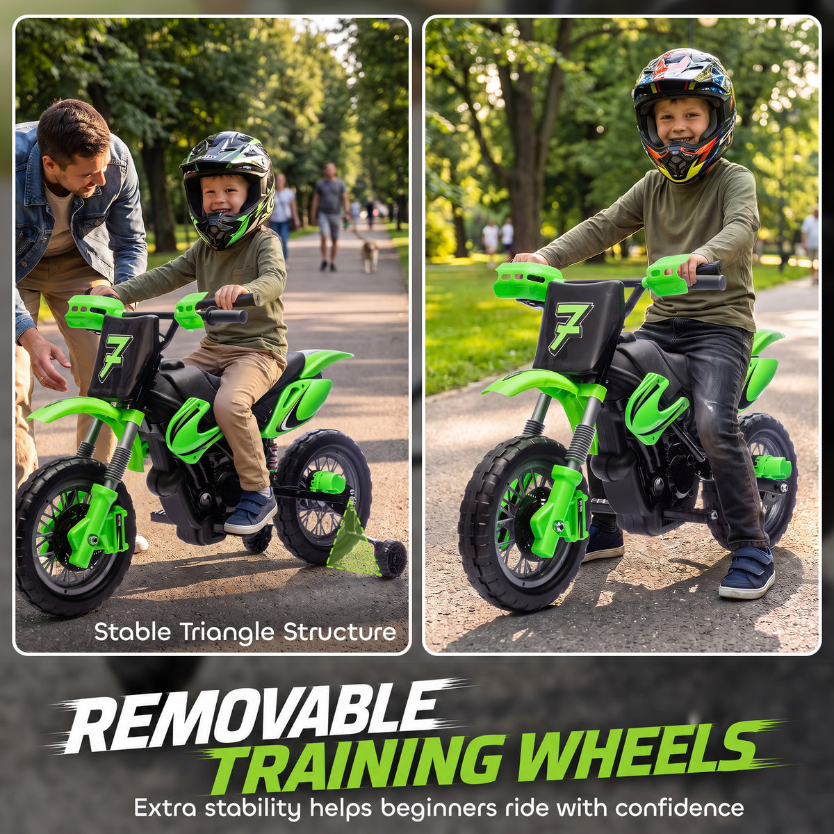 12V Kids Motorcycle, 2 x 35W Electric Dirt Bike with Training Wheels, Rear Suspension, Horn for 3-6 Years, Green