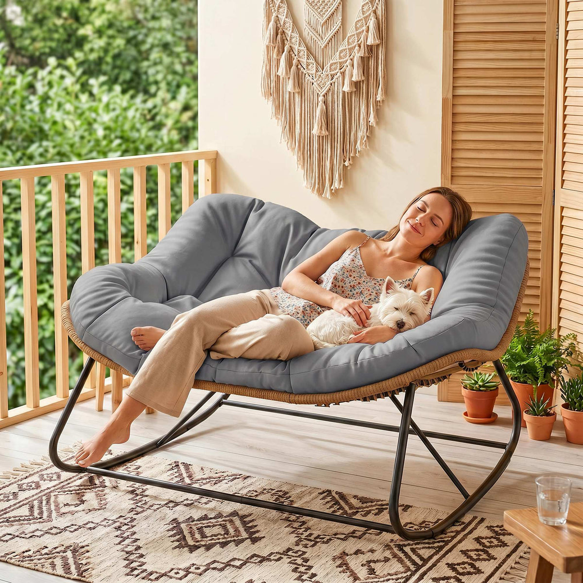 Indoor Outdoor Double Papasan Rocking Chair, Oversized Rocking Egg Chair with Cushion for Garden, Patio, Gray