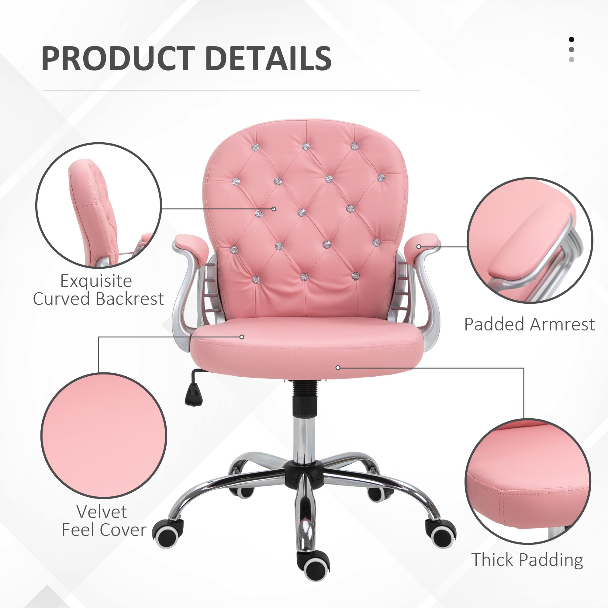 Makeup Vanity Chair, PU Leather Computer Task Chair with Button Tufted, Padded Armrests, Adjustable Height and Swivel Wheels, Pink