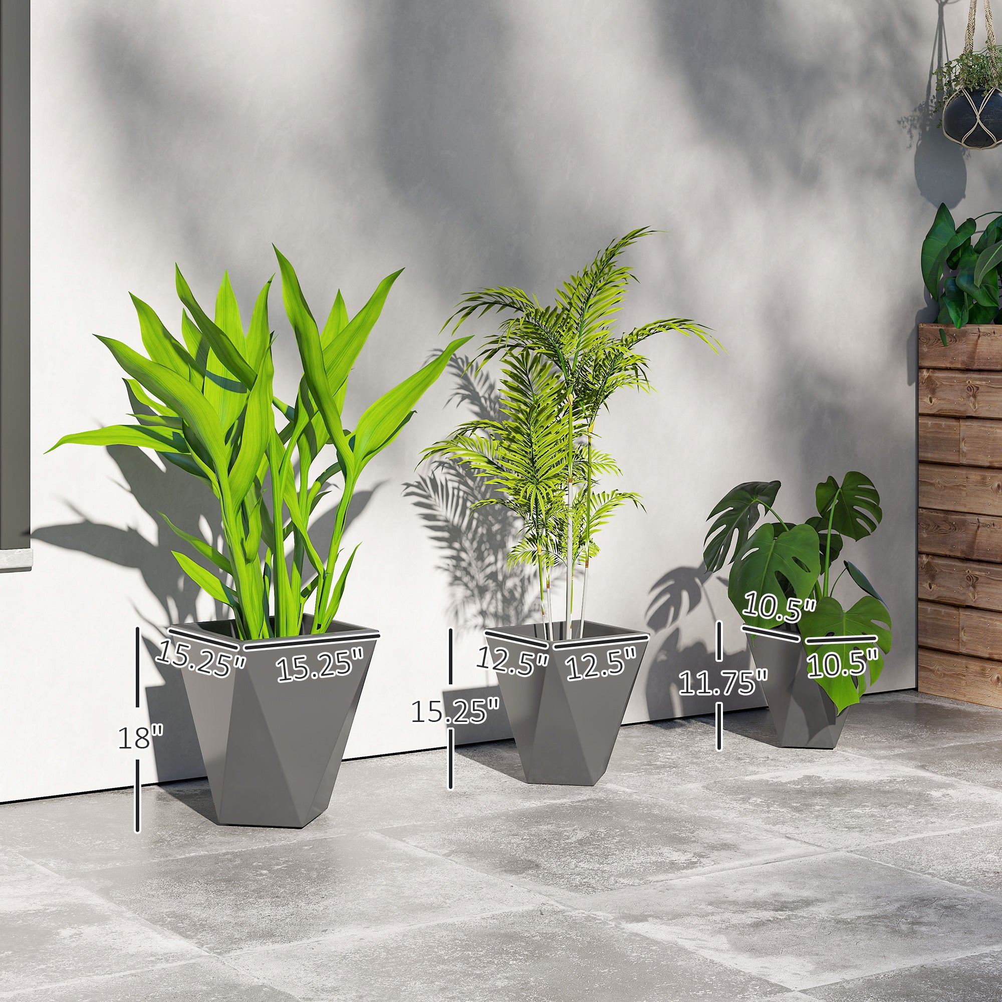 Indoor Outdoor Planters Set of 3 MgO Tall Planters Stackable Flower Pots with Drainage Holes for Garden, Balcony, Gray - Gray - Image 3
