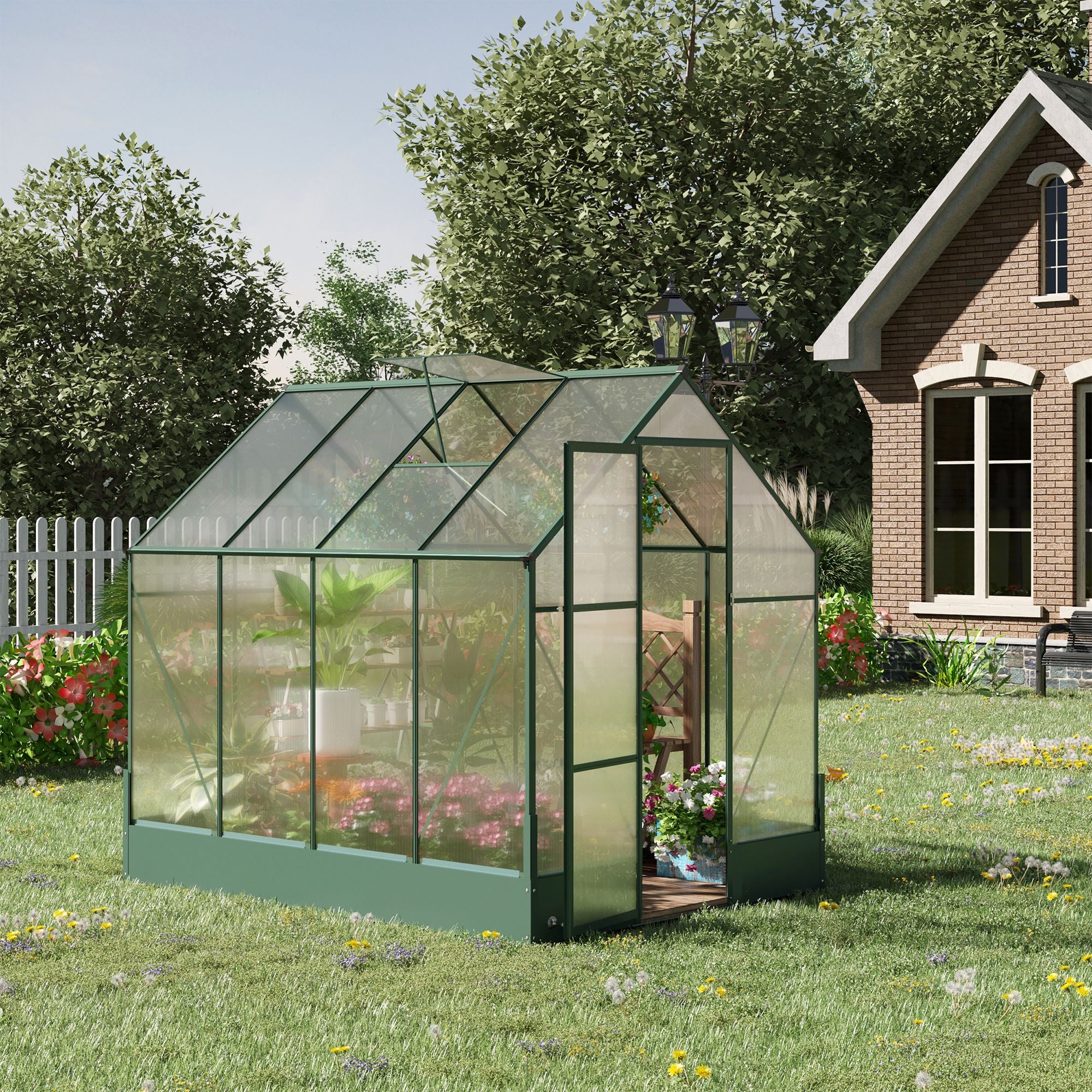 8' x 6' Greenhouse for Outdoors, Polycarbonate Greenhouse with Roof Vent and Rain Gutter, Aluminum Walk-in Green House for Outside for Patio Backyard Garden, Green - Transparent, green - Image 2