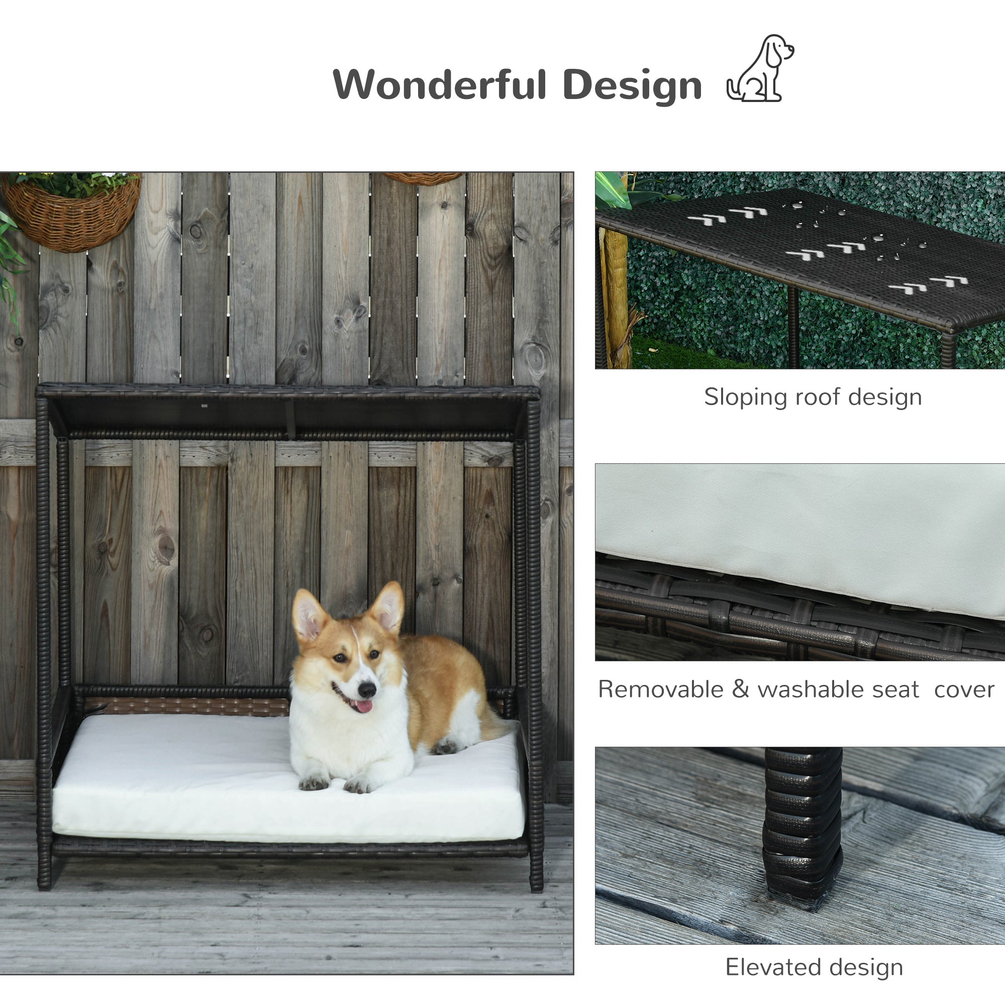 Wicker Dog House Raised Rattan Puppy Bed Cat Shelter for Indoor Outdoor Garden Patio Pet Sofa with Removable Cushion for Medium Sized Pet Brown - Brown and White - Image 6