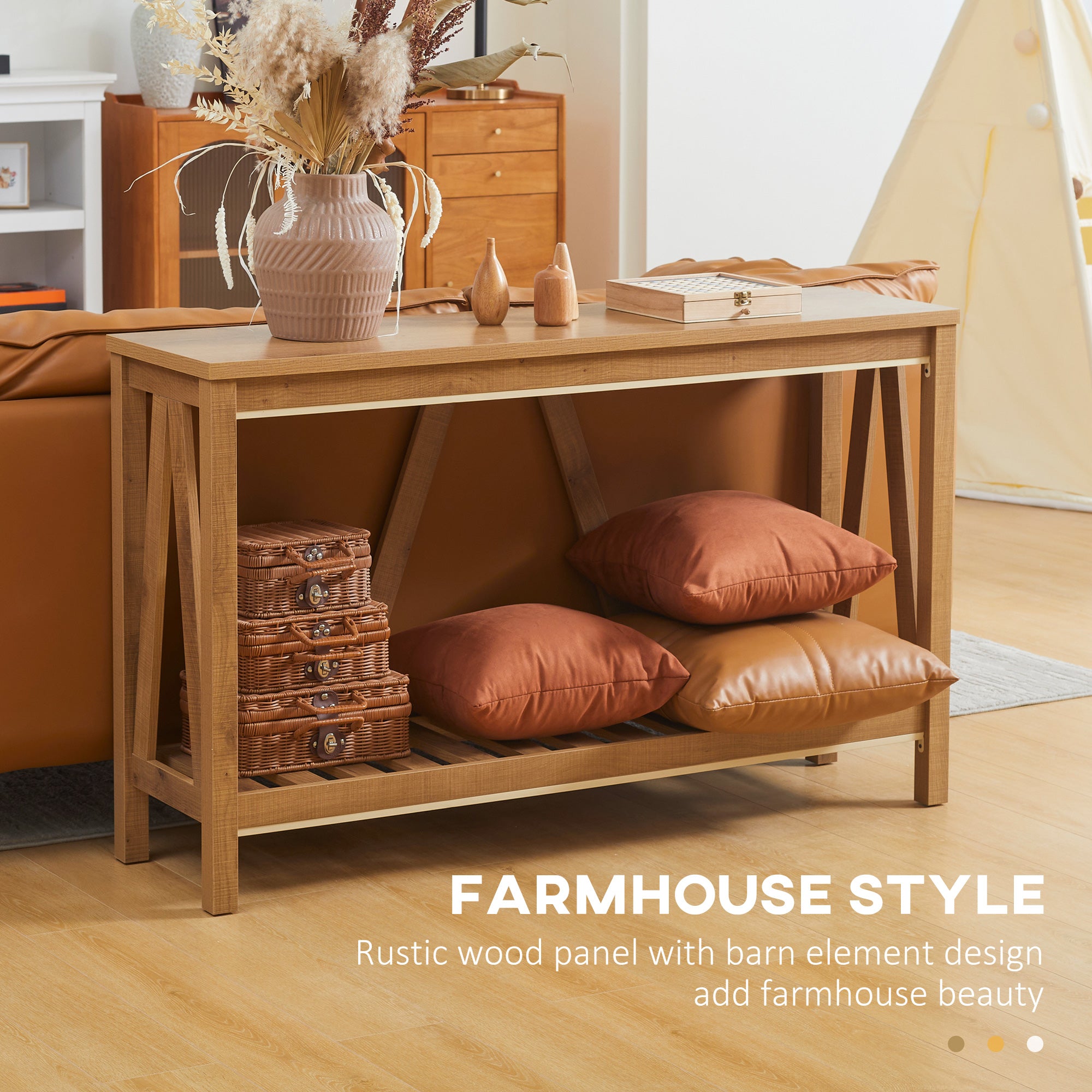 Console Table, Farmhouse Entryway Table with Storage Slatted Shelf, Rustic Sofa Table with Anti-Tipper for Living Room, Hallway, Brown