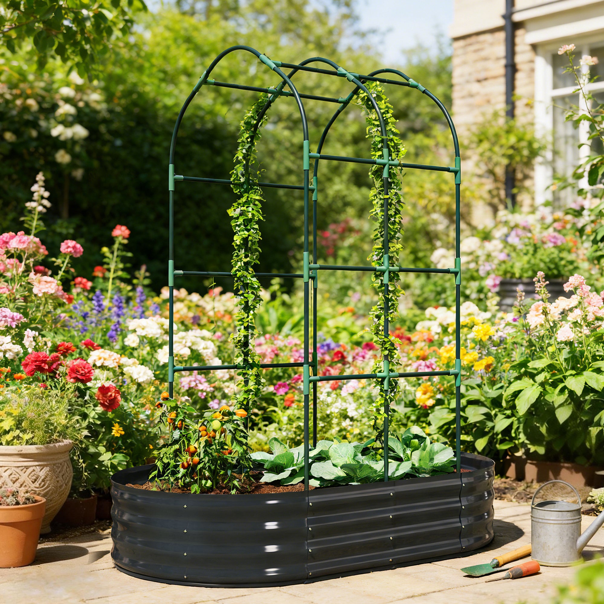 Galvanised Raised Garden Bed with Arched Trellis, 5 x 3 x 6ft Metal Outdoor Planter Box with Open Bottom, Dark Gray - Dark Gray - Image 2