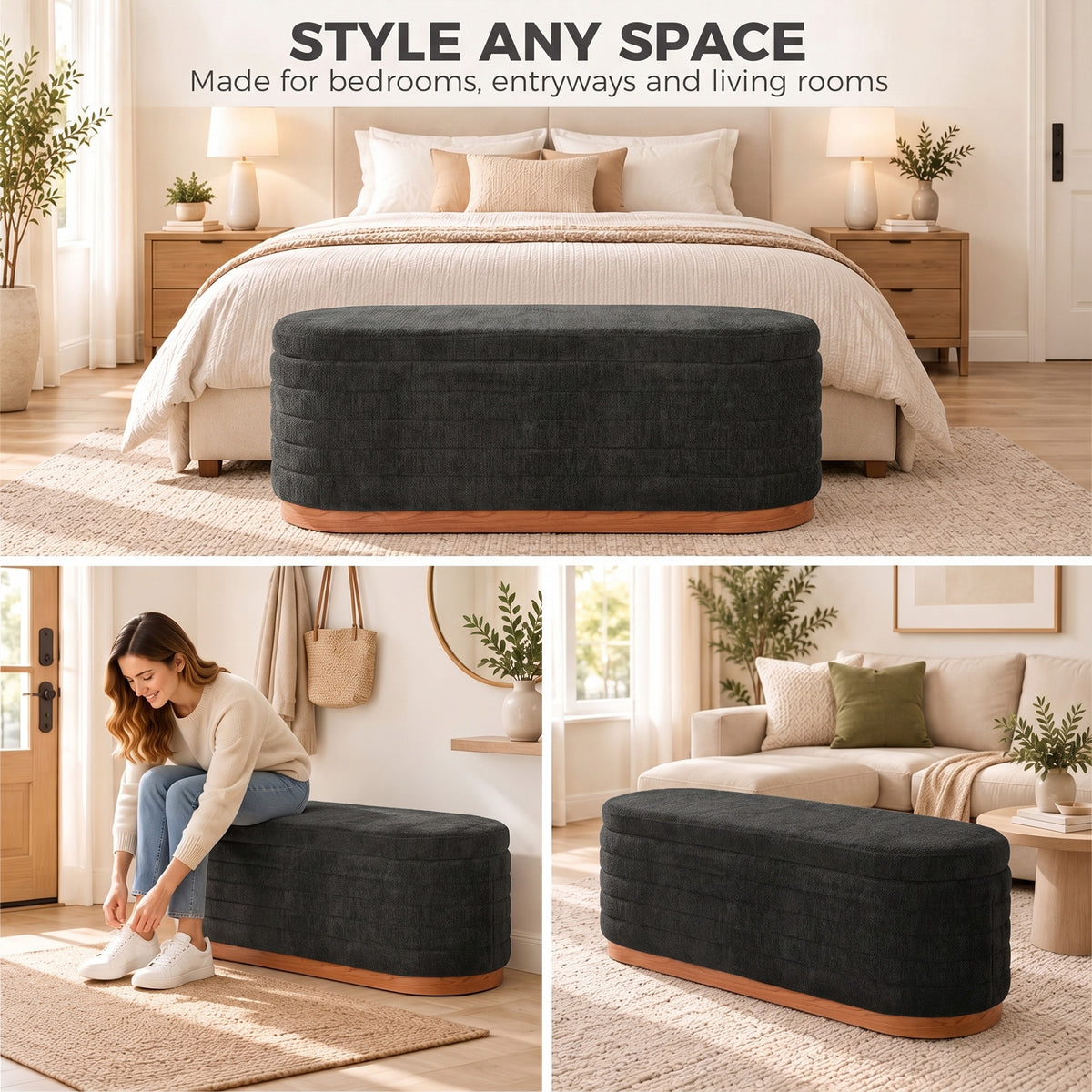 Storage Ottoman Bench Oval Chenille Upholstered Ottoman with Storage Chest, Dark Gray