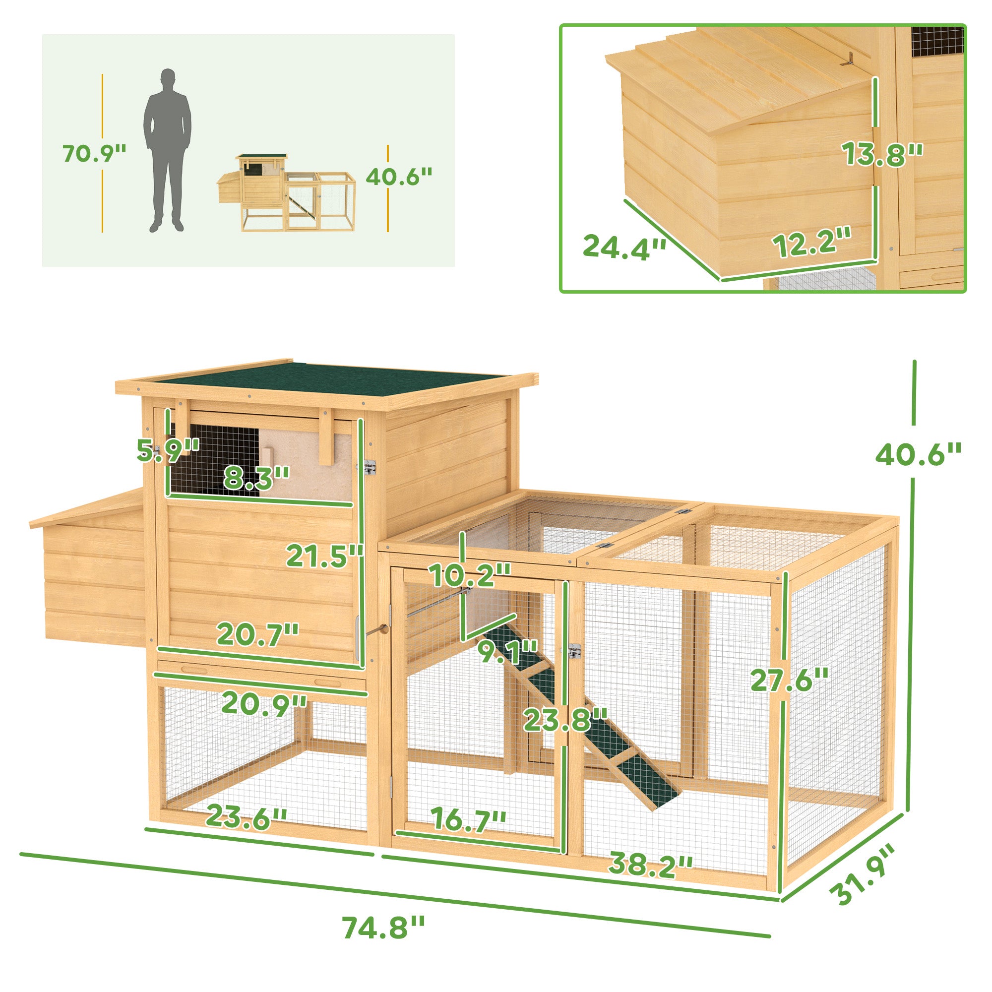 75" Wooden Chicken Coop with Nesting Box, Removable Tray, Ramp Run, for Garden Backyard, Natural Wood - Natural Wood - Image 3
