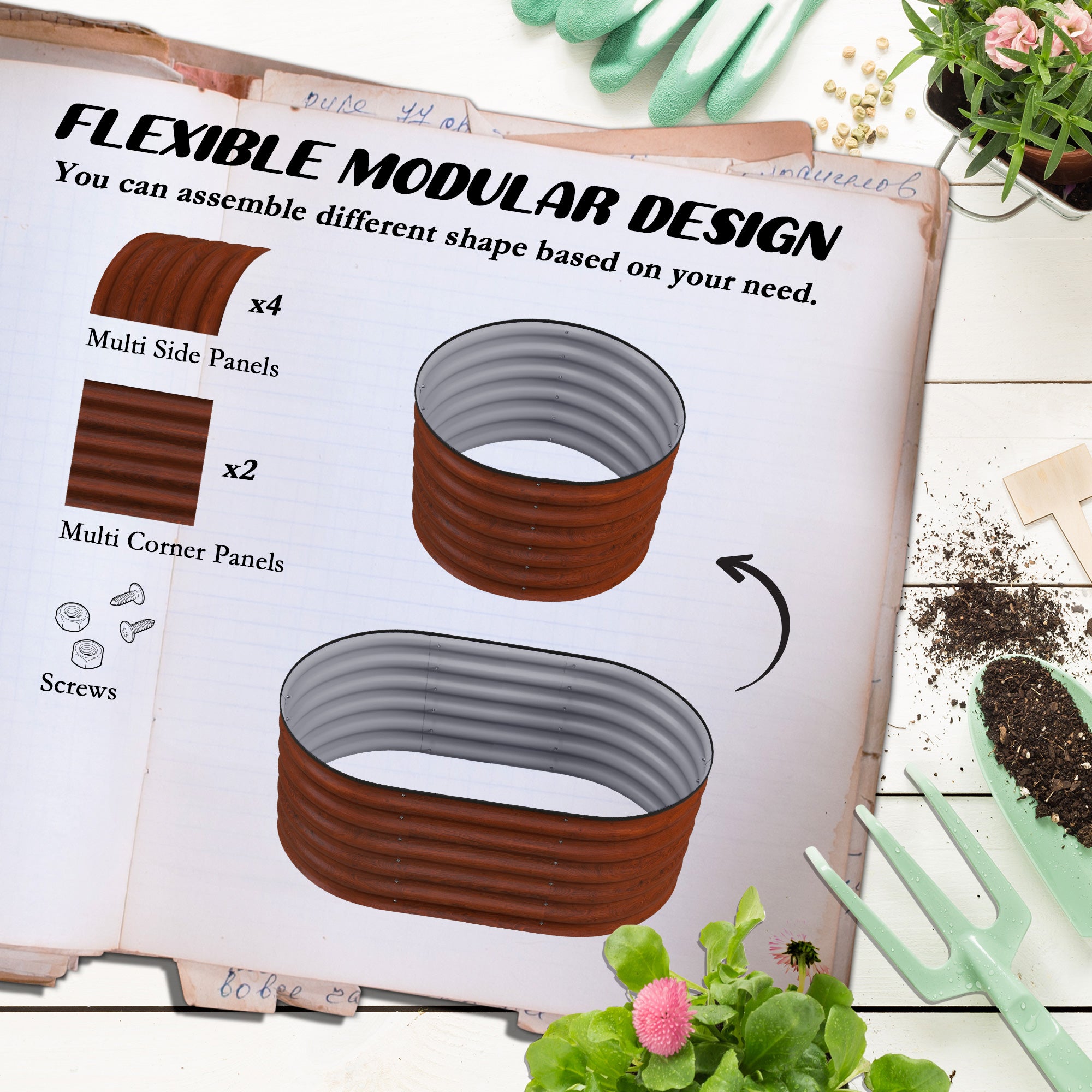 3.4' x 2' x 1.4' Galvanized Raised Garden Bed Kit, Metal Planter Box with Safety Edging, Brown - Brown - Image 4