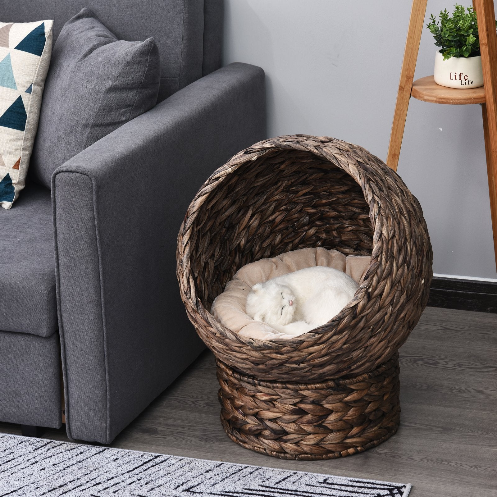 Handwoven Elevated Cat Bed with Rotating Basket and Soft Cushion, Wicker Cat Egg Chair with Stand, Brown - Dark Gray - Image 2