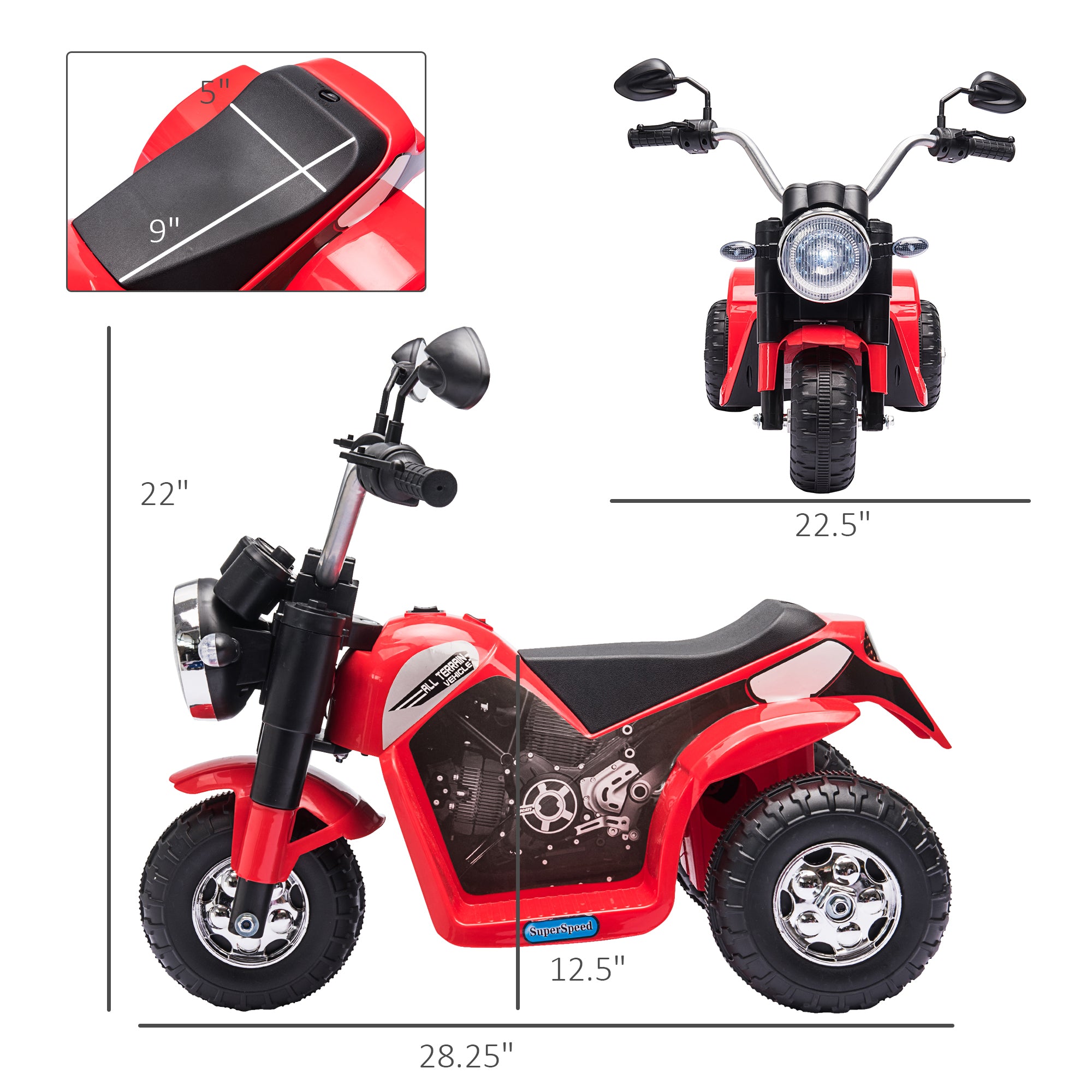 Electric Motorcycle for Kids, 6V Battery Powered Ride-On Dirt Bike 3-Wheels Motorbike with Horn Headlights Realistic Sounds Speed for 18 - 36 Months Red