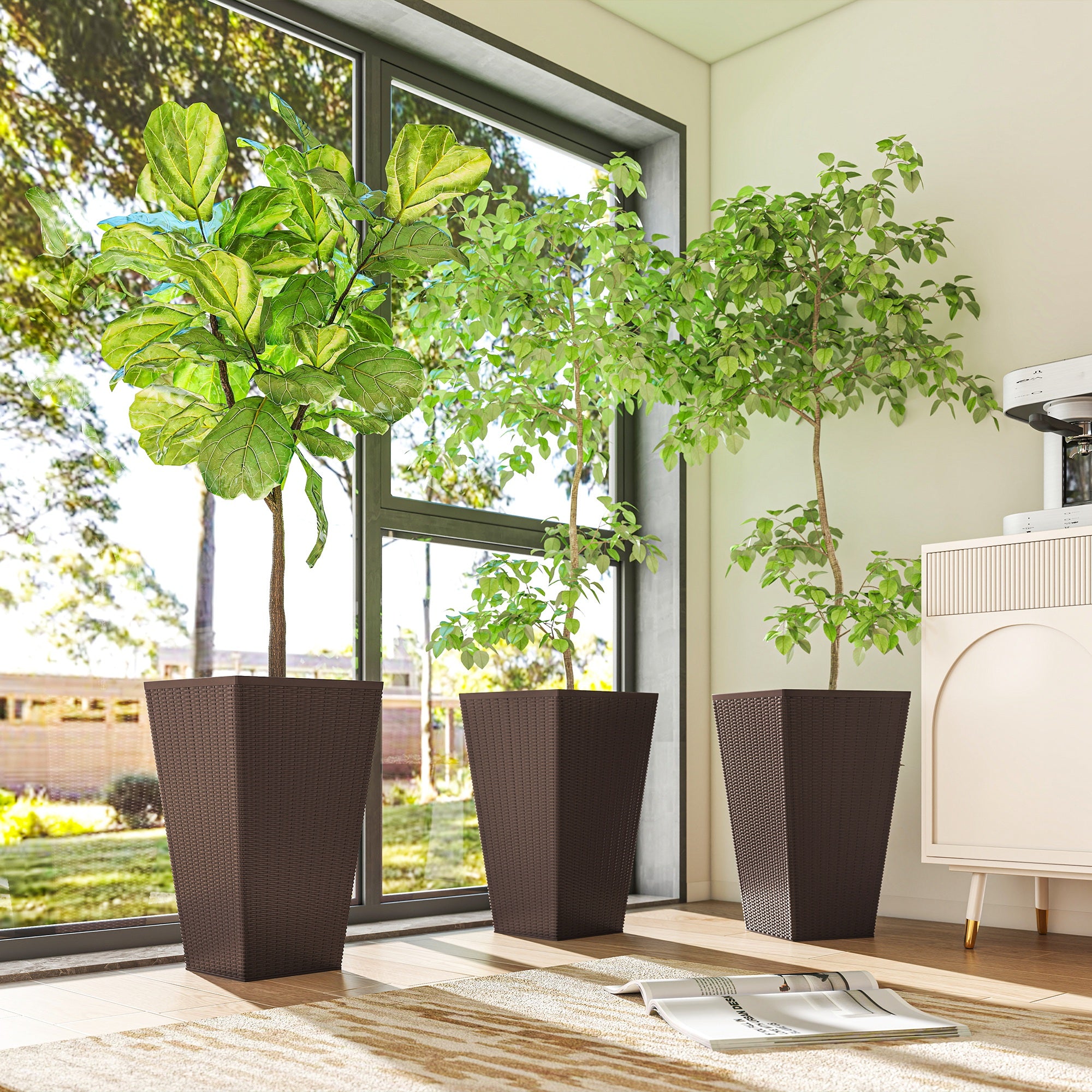 Set of 3 Tall Planters with Drainage Hole, 24" Outdoor Flower Plant Pots, Indoor Planters for Porch, Front Door, Entryway, Patio and Deck, Brown - Brown - Image 8