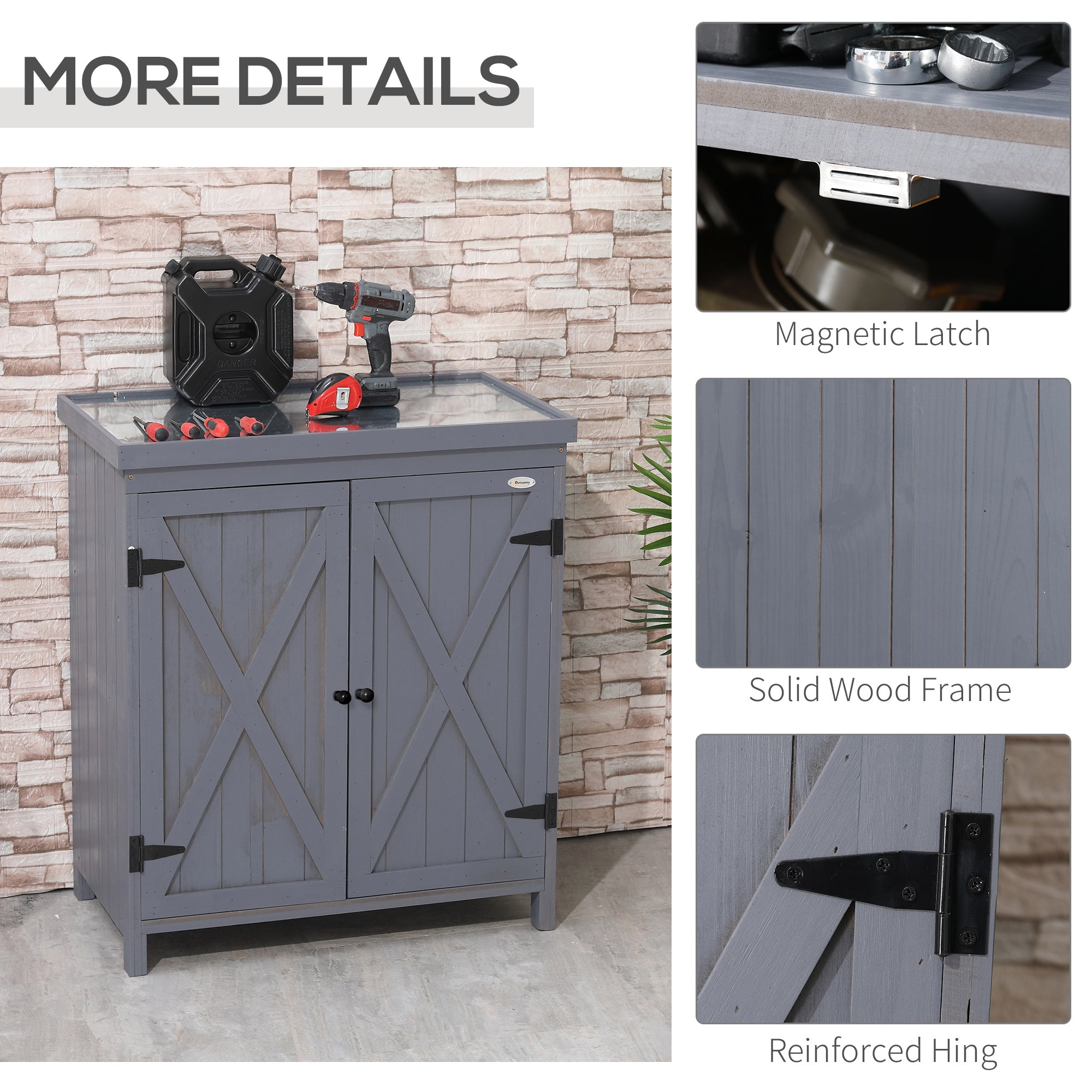 Outdoor Storage Cabinet, Outdoor Tool Shed with Galvanized Top and Two Shelves for Yard Tools or Pool Accessories, Gray - Grey - Image 6
