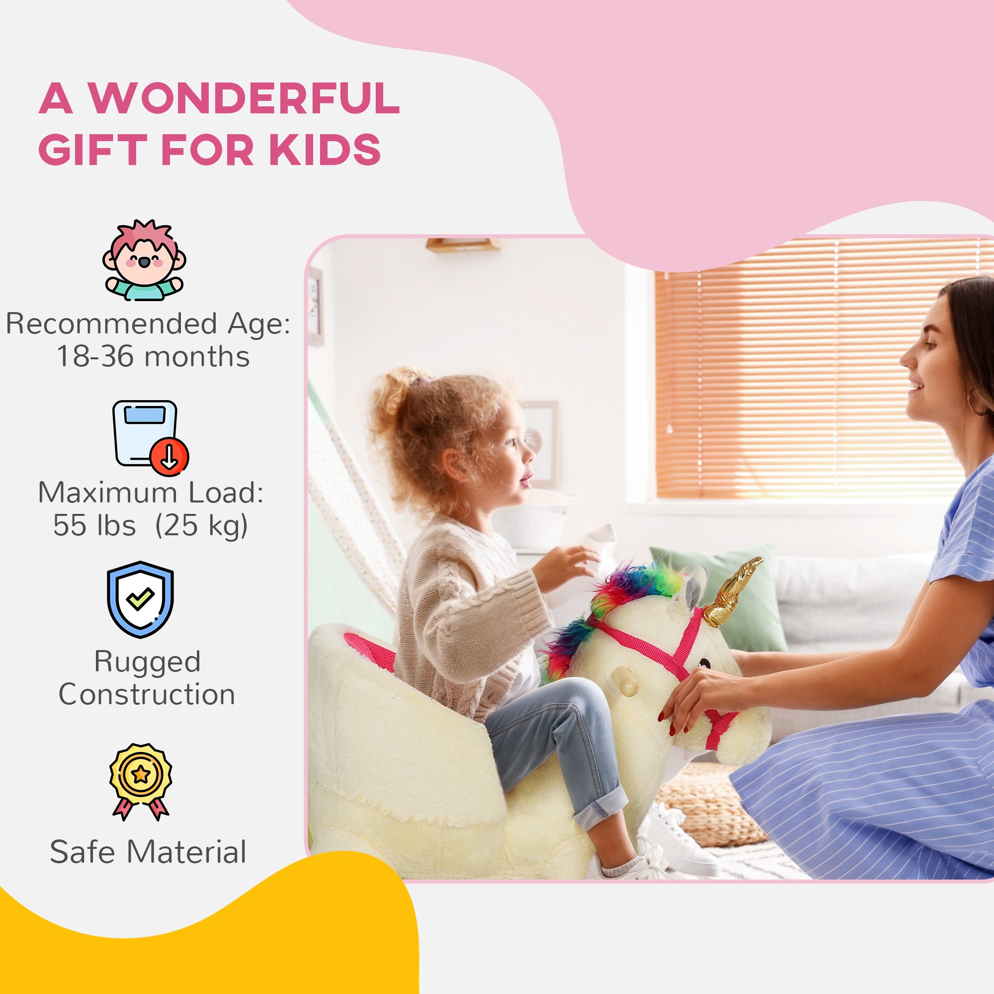 Kids Rocking Horse, Unicorn with Realistic Sound, Safety Belt & Wooden Base for 18-36 Months