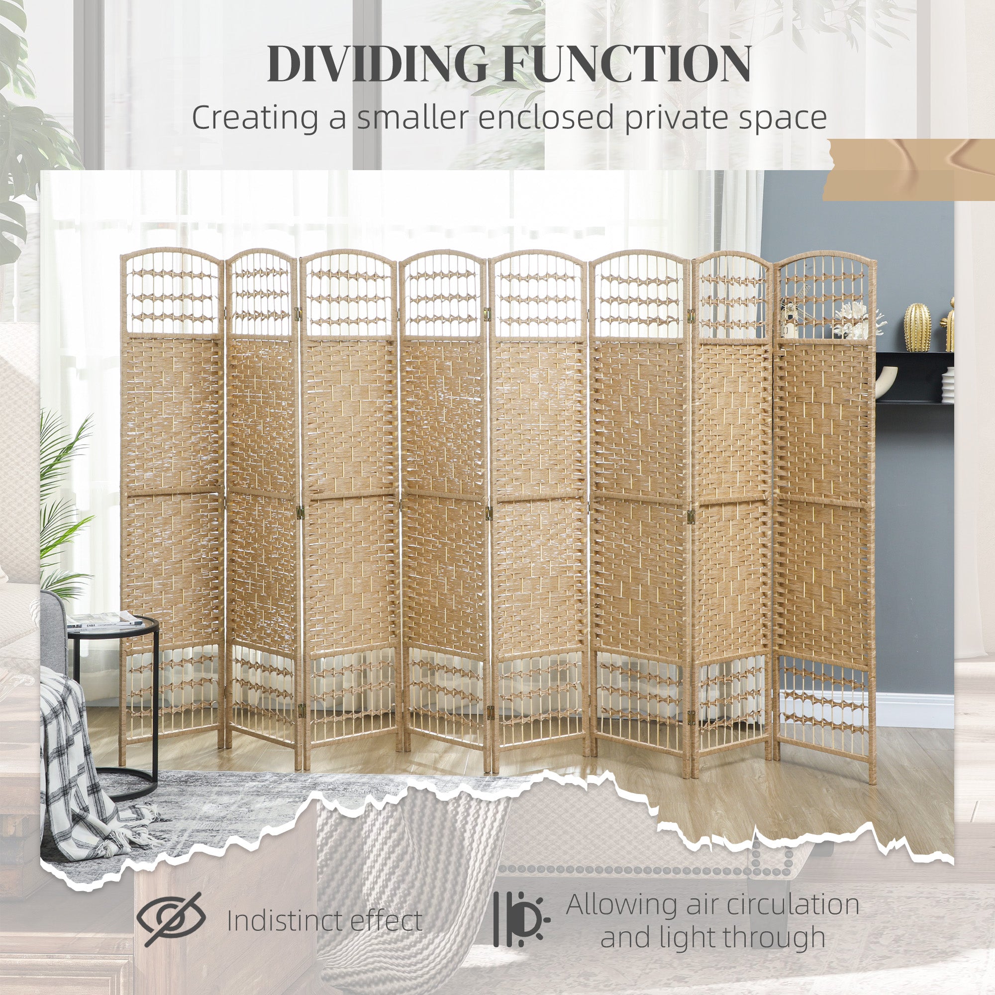 8 Panel Folding Room Divider Portable Privacy Screen Wave Fiber Room Partition for Home Office Natural