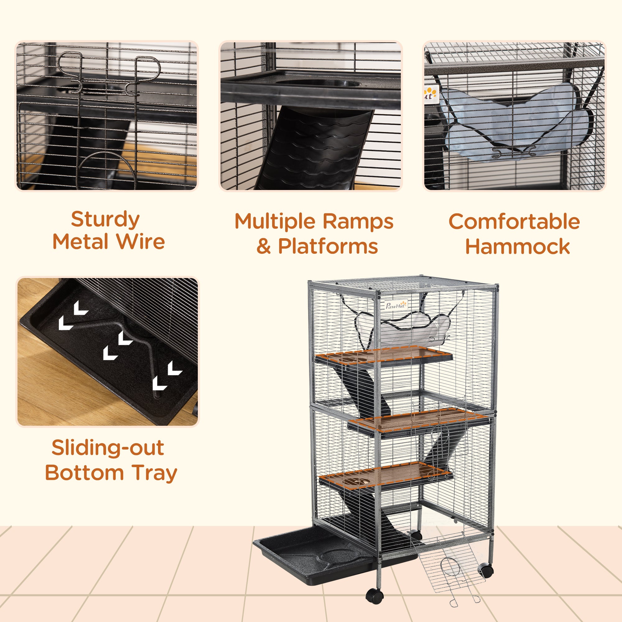 Metal Small Animal Cage Rolling Big Ferret Cage, Chinchilla Cage, Sugar Glider Cage, with Hammock & 4 Tiers, Removable Tray, Gray - Gray - Image 6