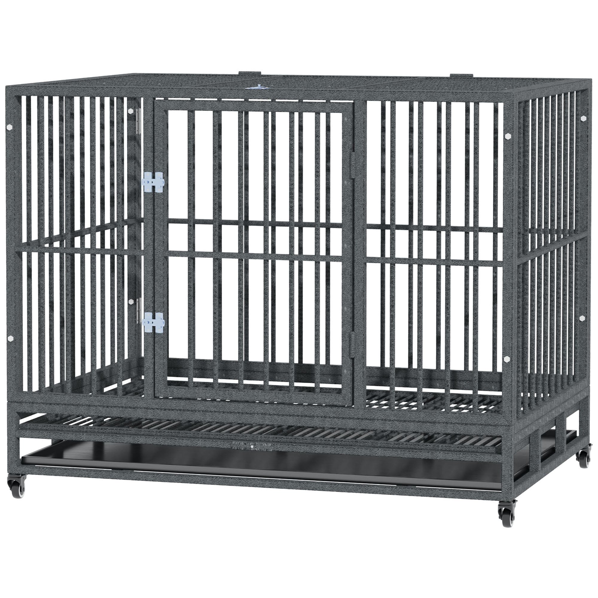 43" Heavy Duty Dog Crate Metal Cage Kennel with Lockable Wheels, Double Door and Removable Tray, Gray - Grey Vein