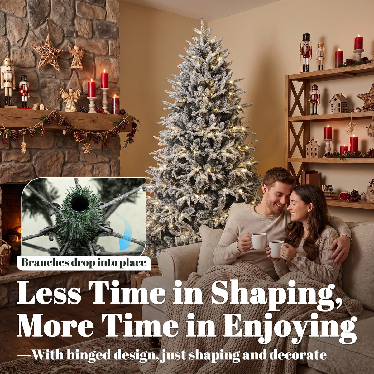 7ft Flocked Prelit Christmas Tree, Hinged Xmas Tree with 2679 Tips, 350 Warm White LED Lights, Green White