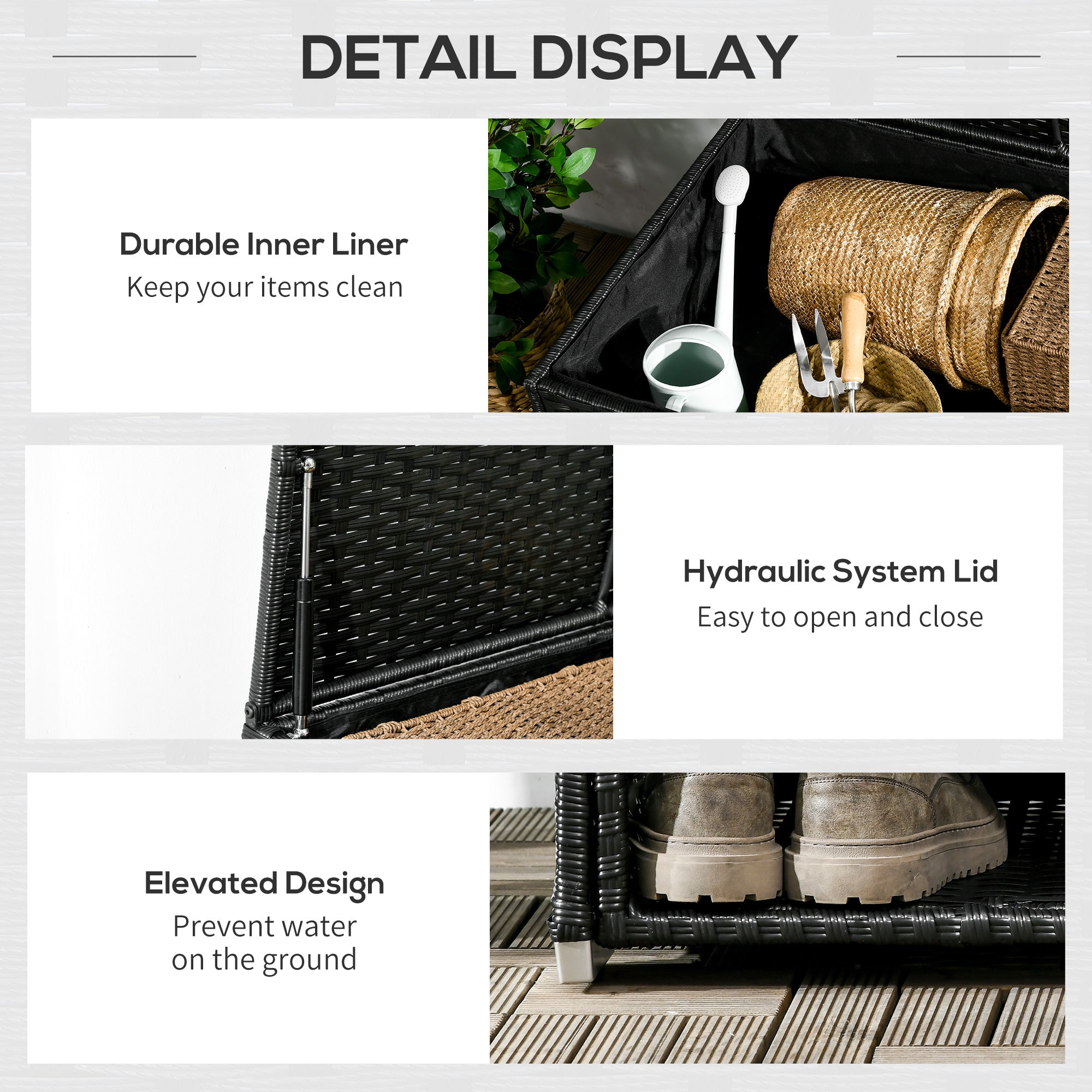 Outdoor Deck Box & Shoe Storage, PE Rattan Wicker Towel Rack with Liner for Indoor, Outdoor, Patio Furniture Cushions, Pool, Garden Tools, Black - Black - Image 6