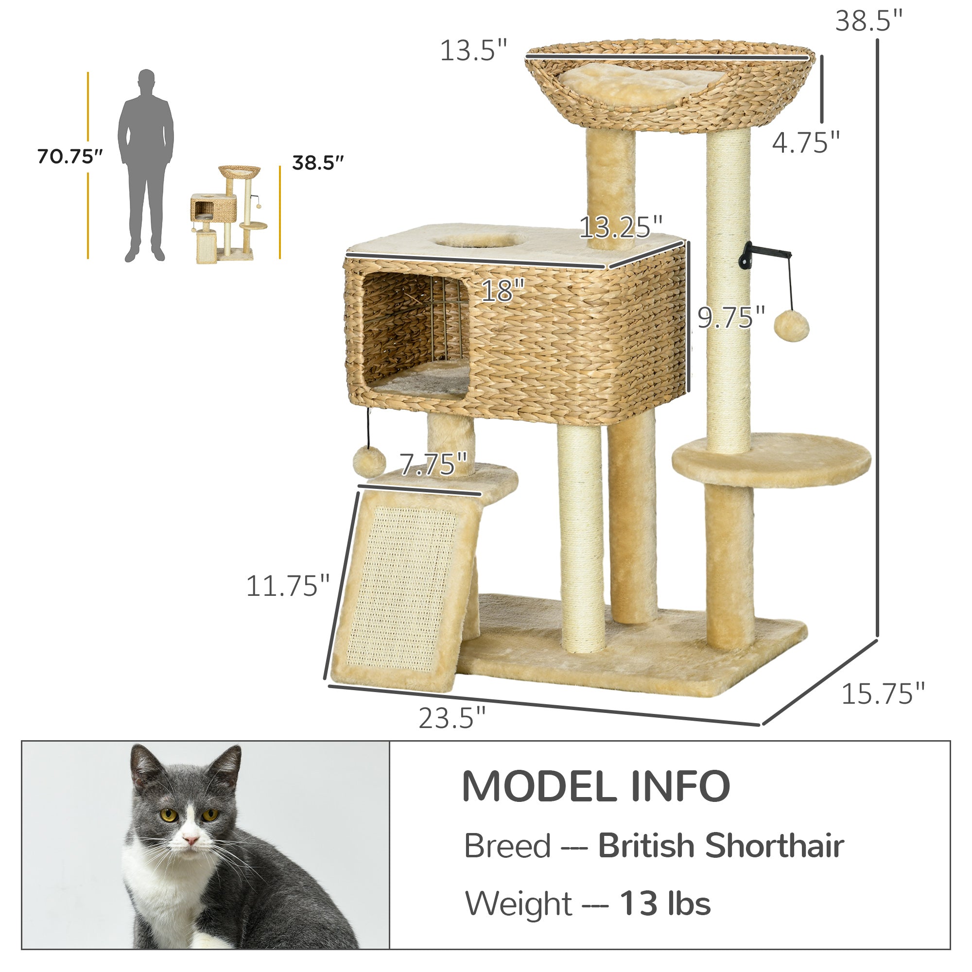 Cat Tree for Indoor Cats w/ Scratching Posts, Condo Cat Tower, Beige - Beige - Image 3