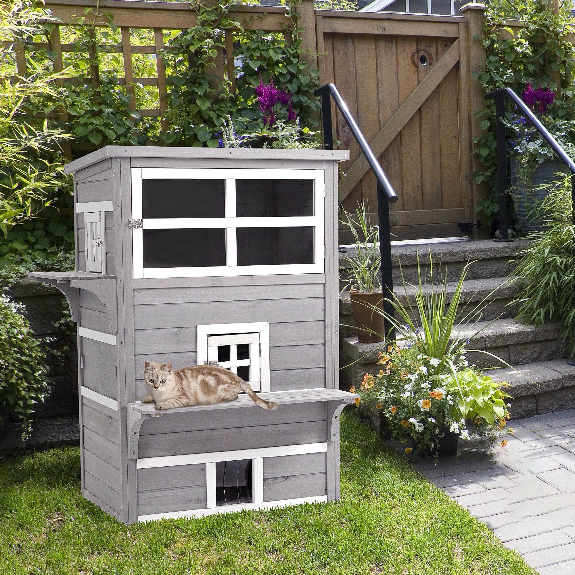 Outdoor Cat House, 3-Tier Kitty Shelter with 5 Escape Doors, Weather Resistant, Gray & White - Gray - Image 2