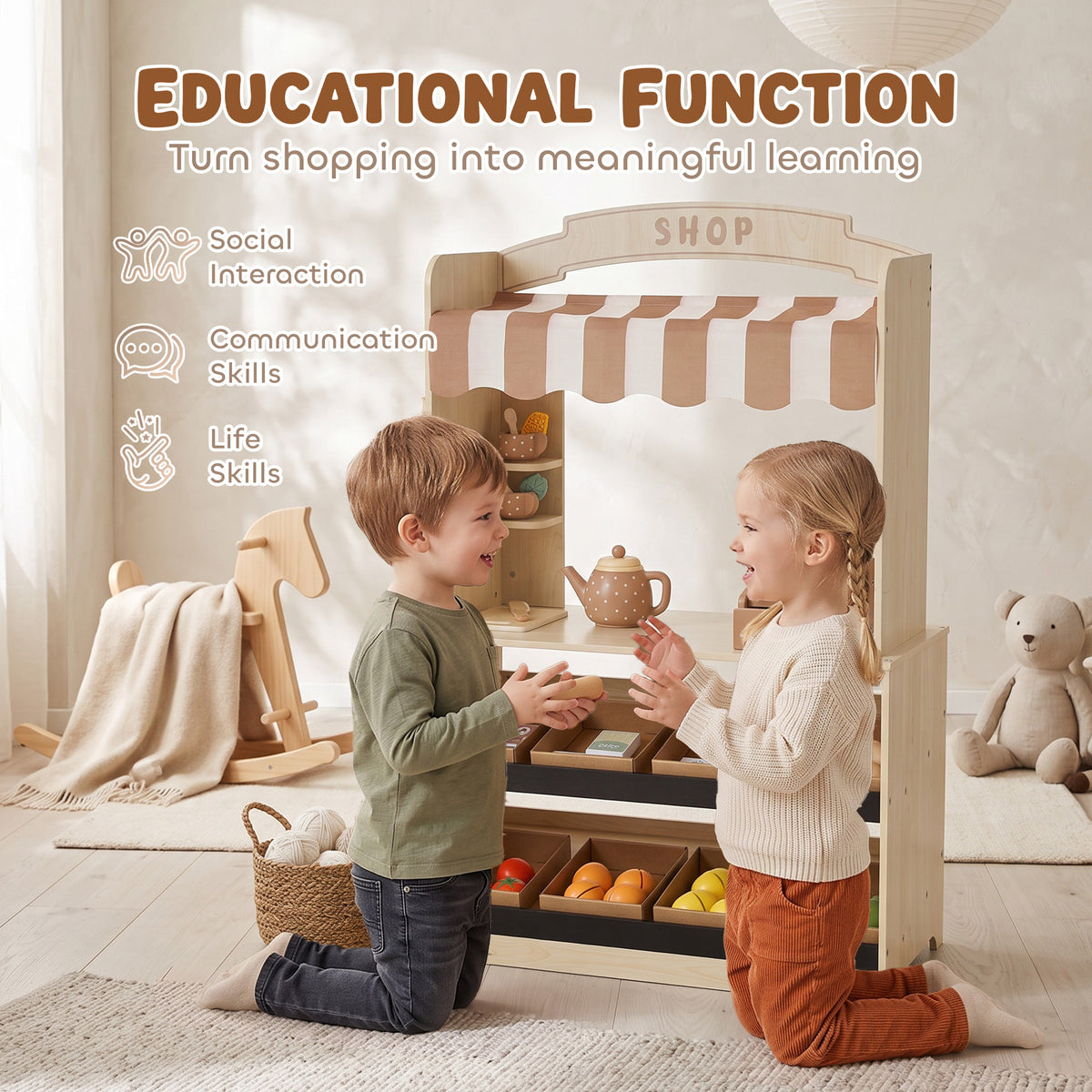 Wooden Grocery Store Playset Pretend Play with Play Food, Cash Register, Chalkboard, 61 Accessories for Boys & Girls 3-8