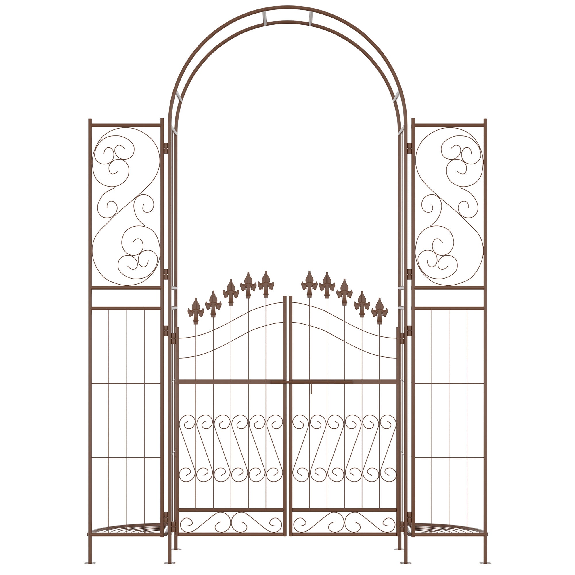 7' Metal Garden Arbor, Garden Arch with Gate, Fleur De Lis Motif, Latching Doors, Planter Shelves for Climbing Vines, Ceremony, Weddings, Party, Garden, Backyard, Lawn, Brown - Brown - Image 8