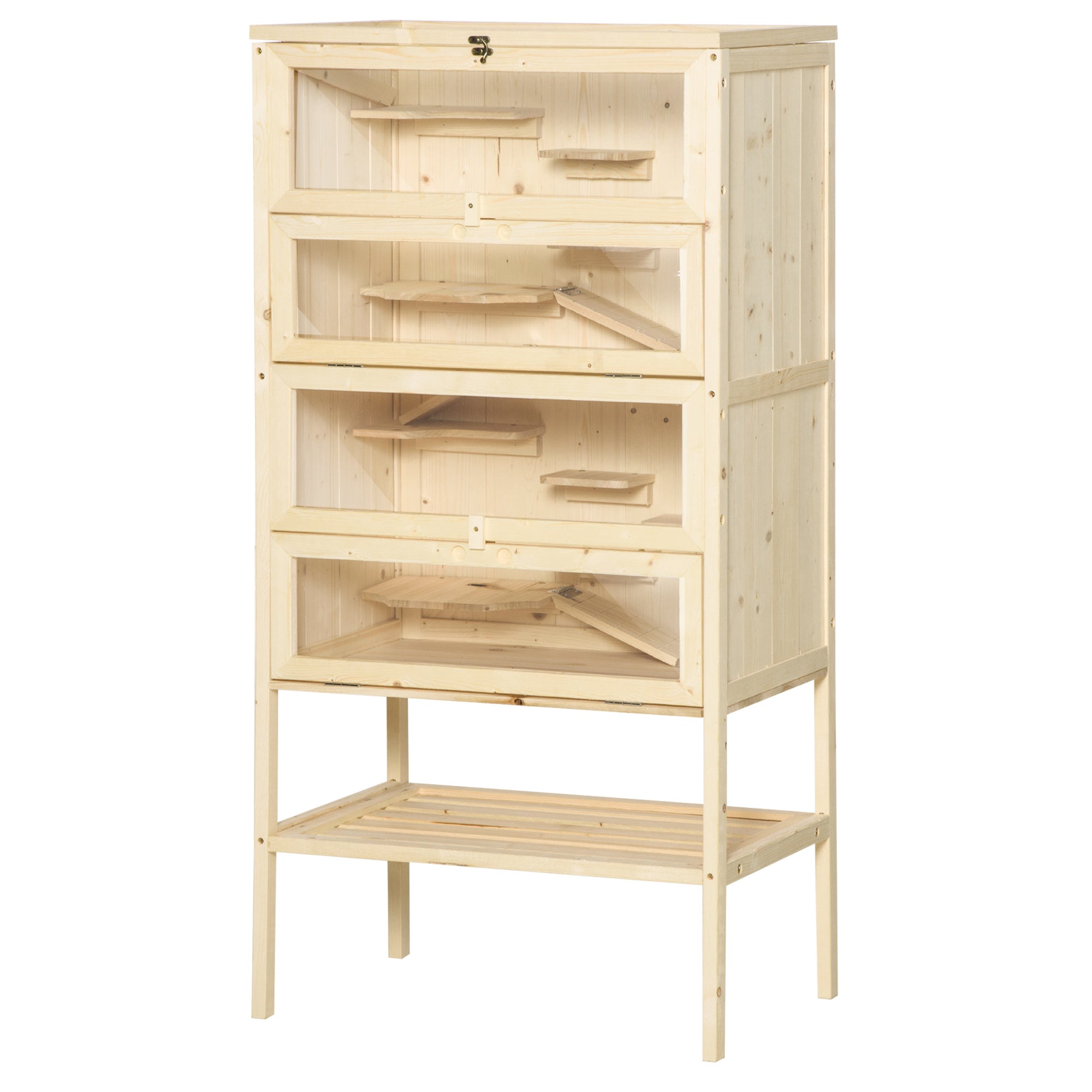 5-Tier Wooden Hamster Cage Mice Habitat Rat Habitat with Openable Top, Front Door and Storage Shelf - Natural Wood