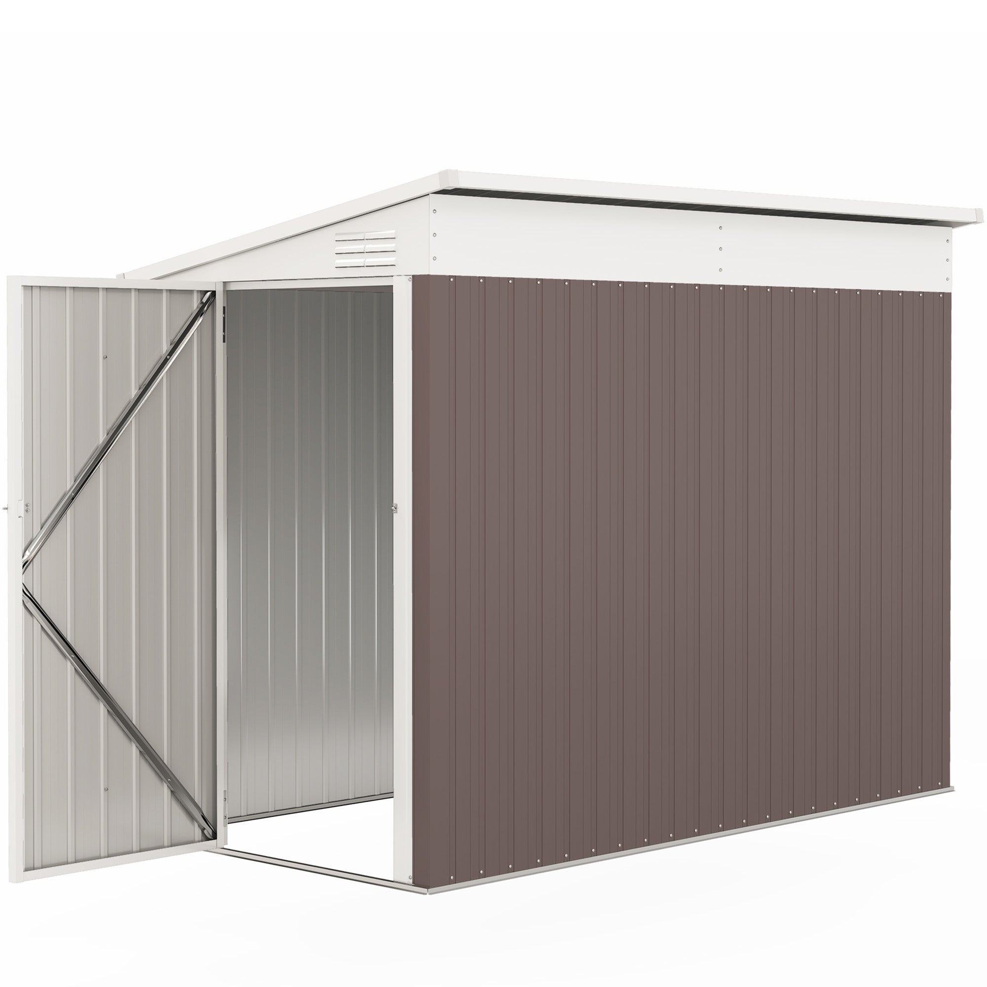 4' x 7.7' Lean to Garden Storage Shed, Outdoor Metal Tool House with Lockable Door Vents for Backyard Patio Lawn - Brown
