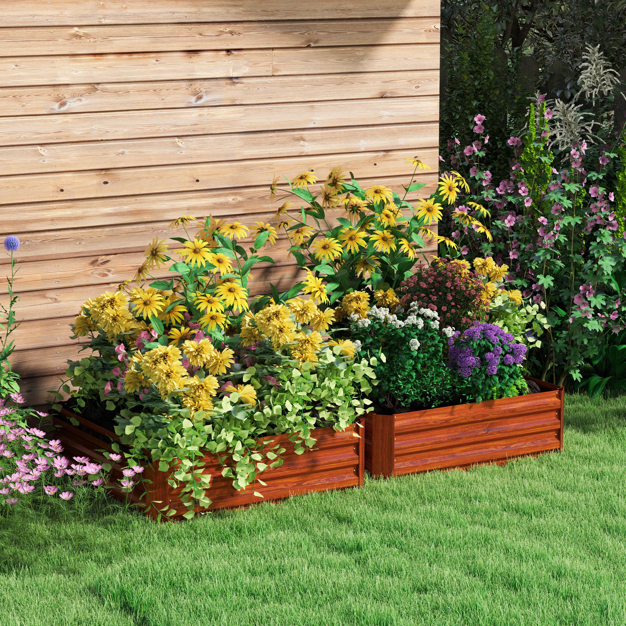 2 Piece Galvanized Raised Garden Bed, 3.3' x 3.3' x 1' Metal Planter Box for Growing Vegetables, Flowers, Herbs, Succulents, Dark Brown - Brown - Image 2