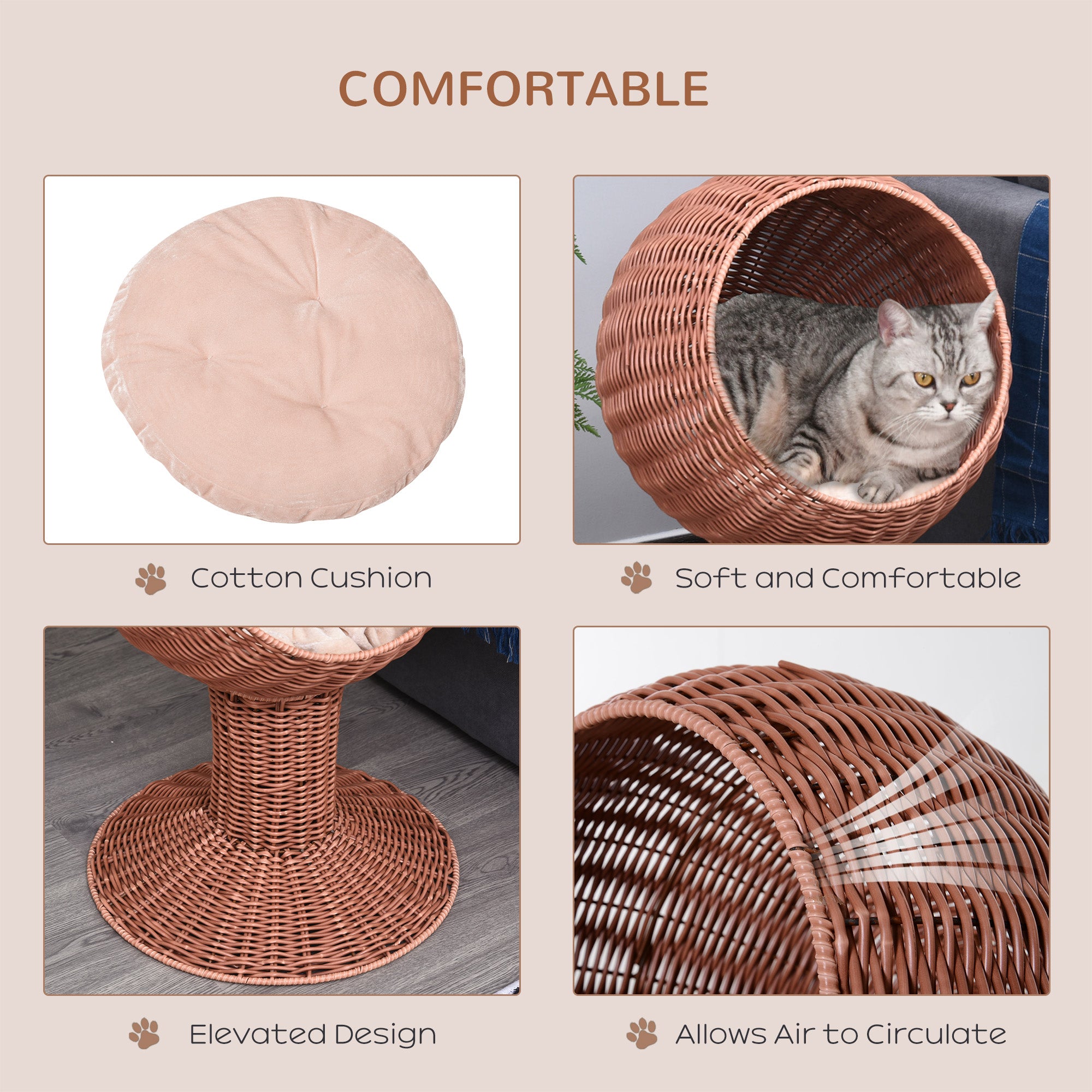 Elevated Cat Bed with Rotatable Egg Chair Pod, Cat Basket Bed with Thick Cushion, Natural Mat Grass Woven Kitty House, Brown - Brown - Image 5