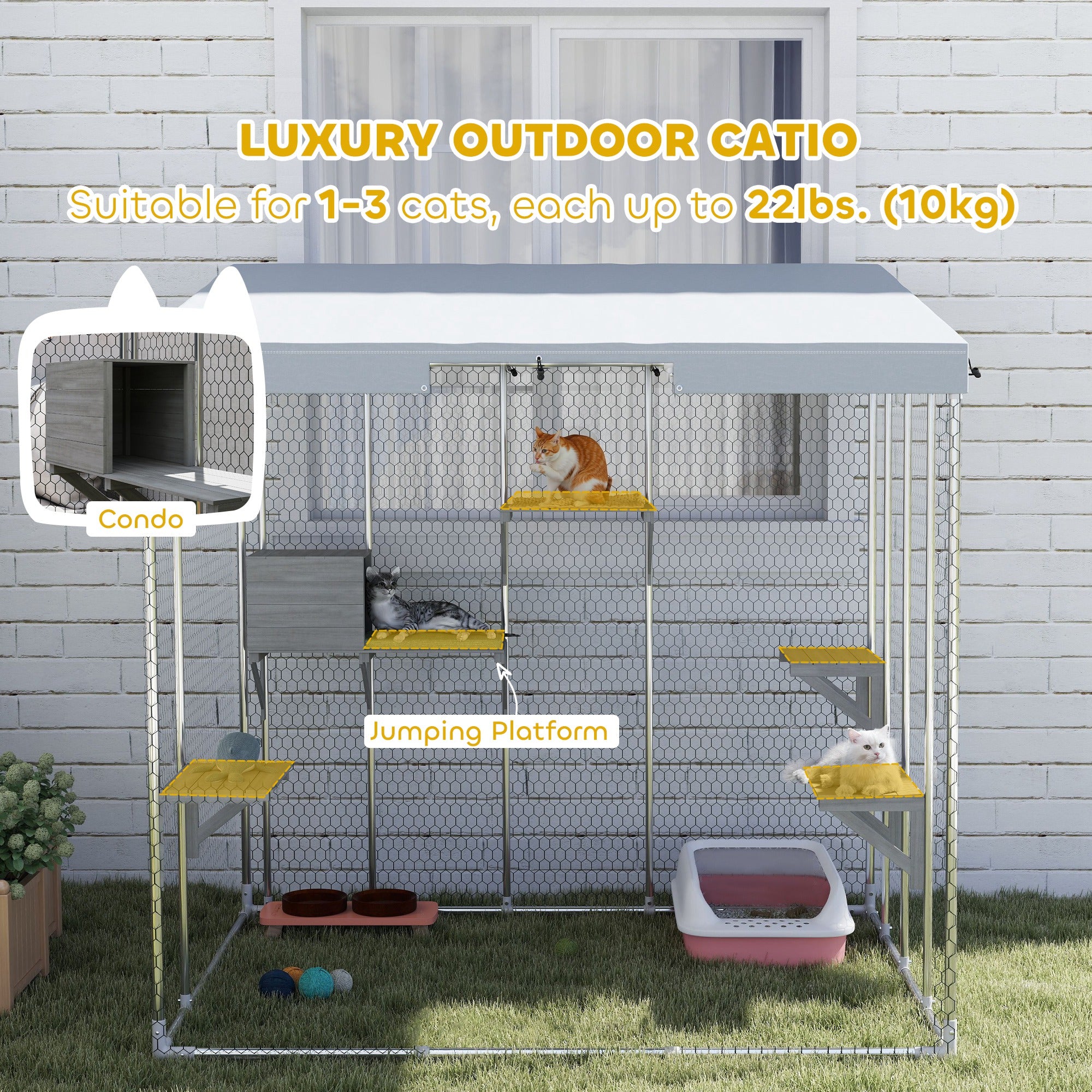 79" Galvanized Steel Large Catio with Waterproof Canopy, Sleeping Box, Jumping Platforms, for 1-3 Kittens, Silver - Silver - Image 4