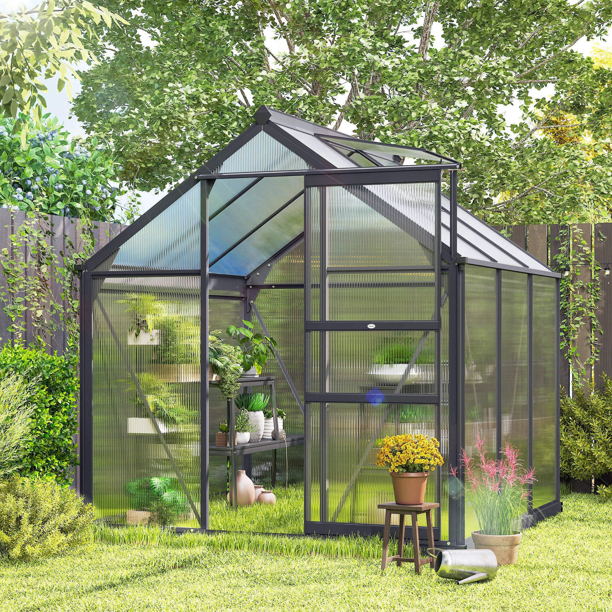 Polycarbonate Greenhouse, Heavy Duty Outdoor Aluminum Walk-in Green House Kit Vent Door, 6.2'x6.2'x6.6' Gray - Gray - Image 8