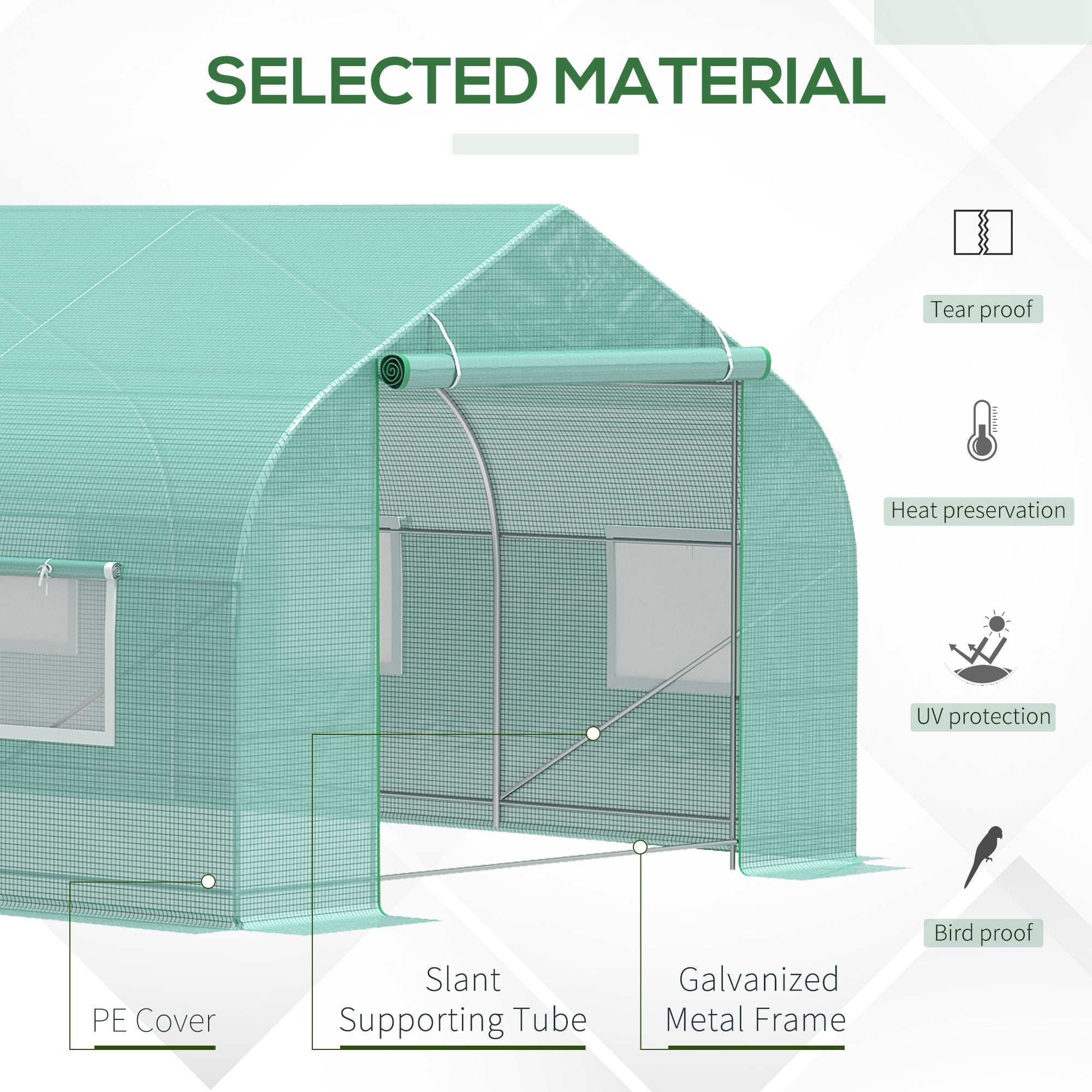 20' x 10' x 7' Outdoor Walk-in Greenhouse, Tunnel Green House with Roll-up Windows, Zippered Door, PE Cover, Heavy Duty Steel Frame, Green - Green - Image 4