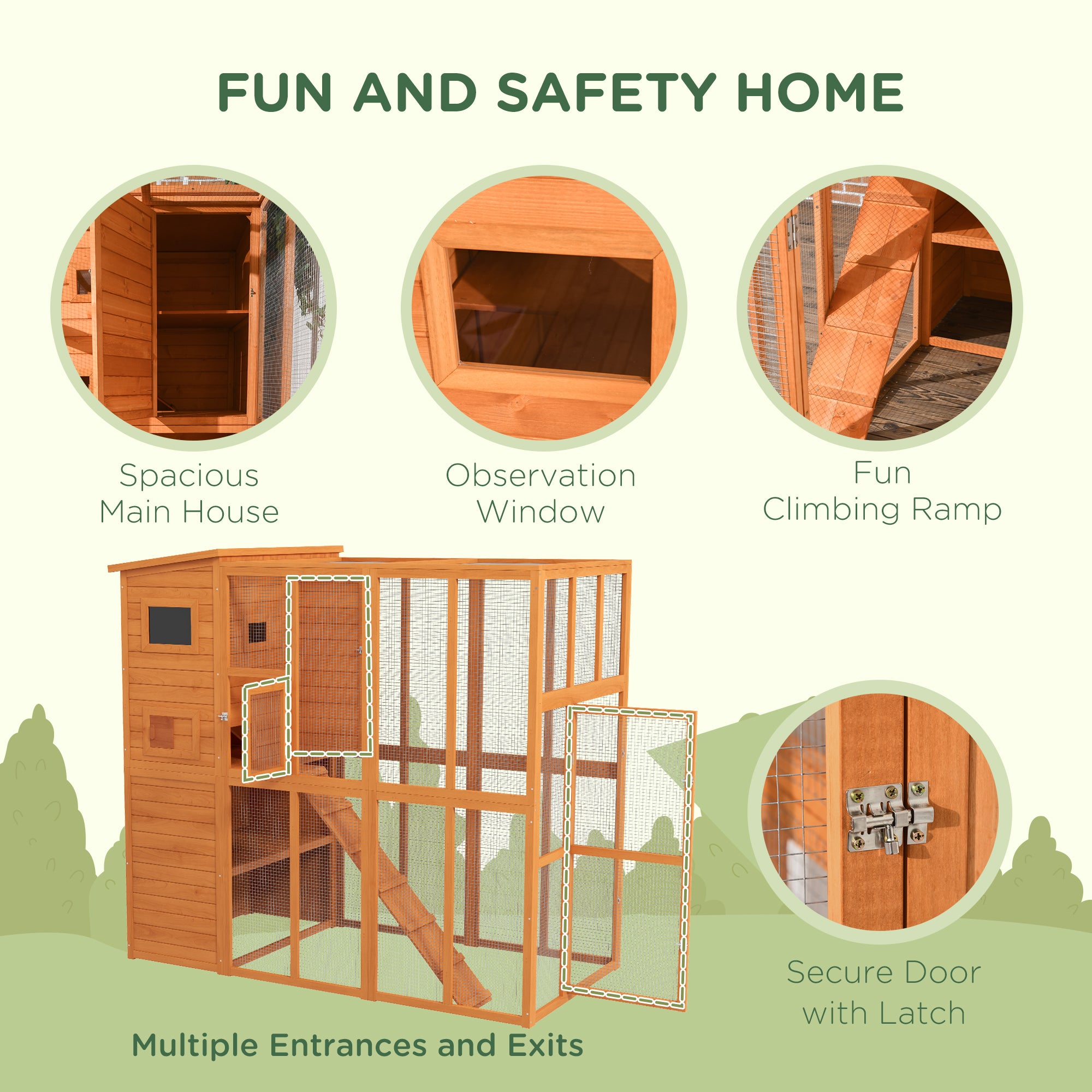 Wooden Outdoor Catio with Platforms, Asphalt Roof, Ramps, Natural - Orange - Image 7