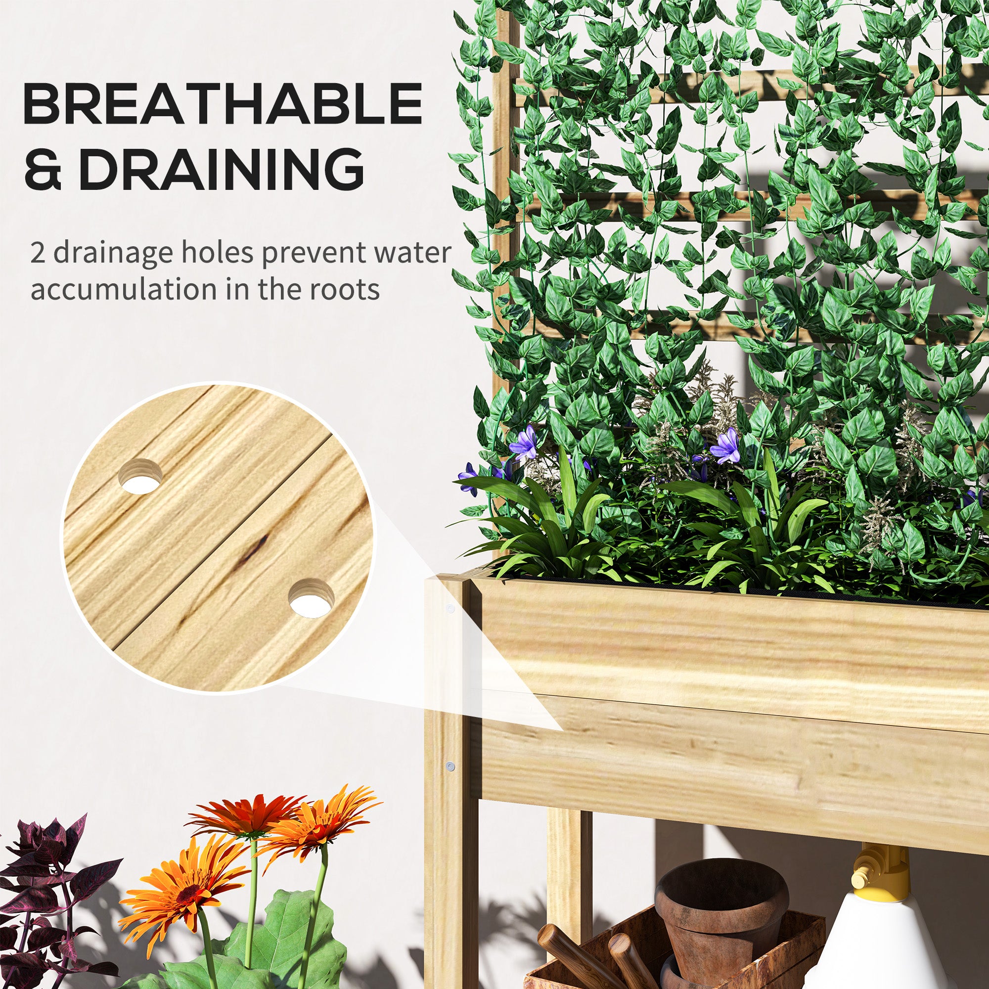 Wooden Raised Garden Bed with Trellis, Outdoor Planter Box with Storage Shelf for Vegetables, Flowers, Herbs - Natural Wood - Image 6