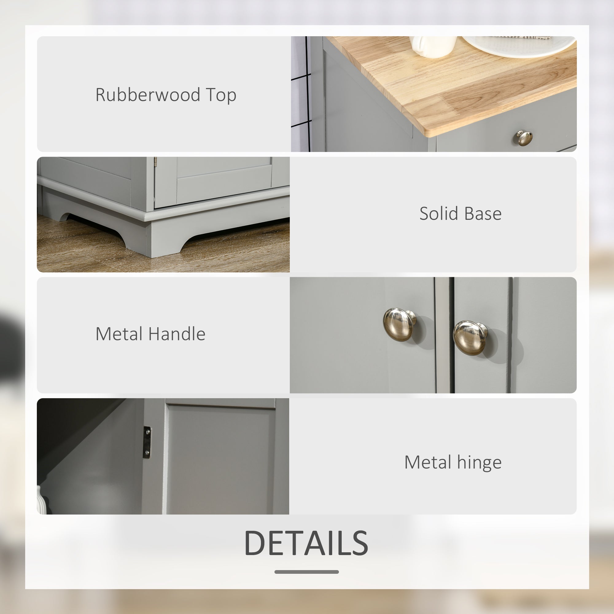 Kitchen Storage Cabinet, Sideboard Floor Cupboard with Solid Wood Top, Adjustable Shelf, and 3 Drawers, Gray