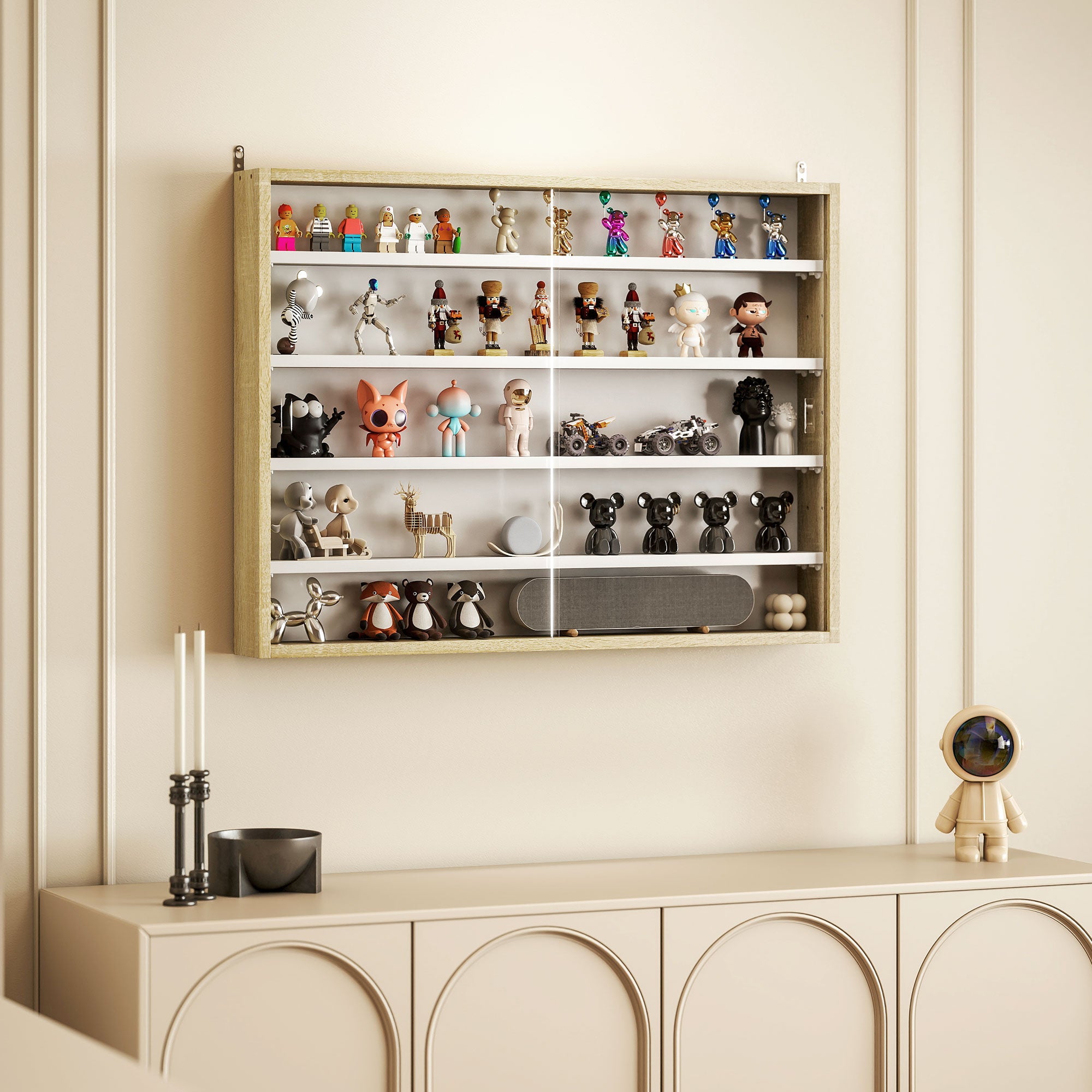 5-Tier Display Cabinet, Wall-Mounted Display Case with 2 Glass Doors and Adjustable Shelves, Oak and White