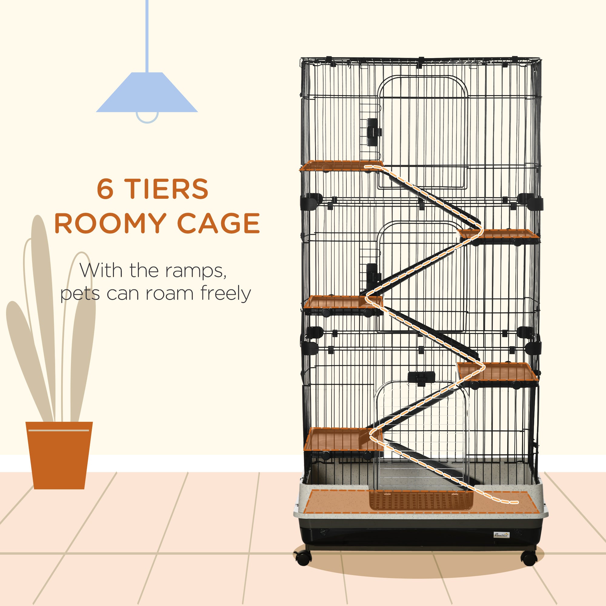 32"L 6-Level Small Animal Cage Rabbit Hutch with Universal Lockable Wheels, Slide-out Tray for Bunny, Chinchillas, Ferret, Black - Black - Image 4