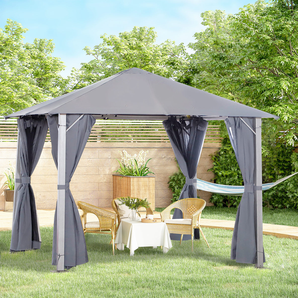 10' x 10' Patio Gazebo, Outdoor Gazebo Canopy Shelter with Netting & Curtains, Vented Roof, for Garden, Lawn, Backyard and Deck, Dark Gray