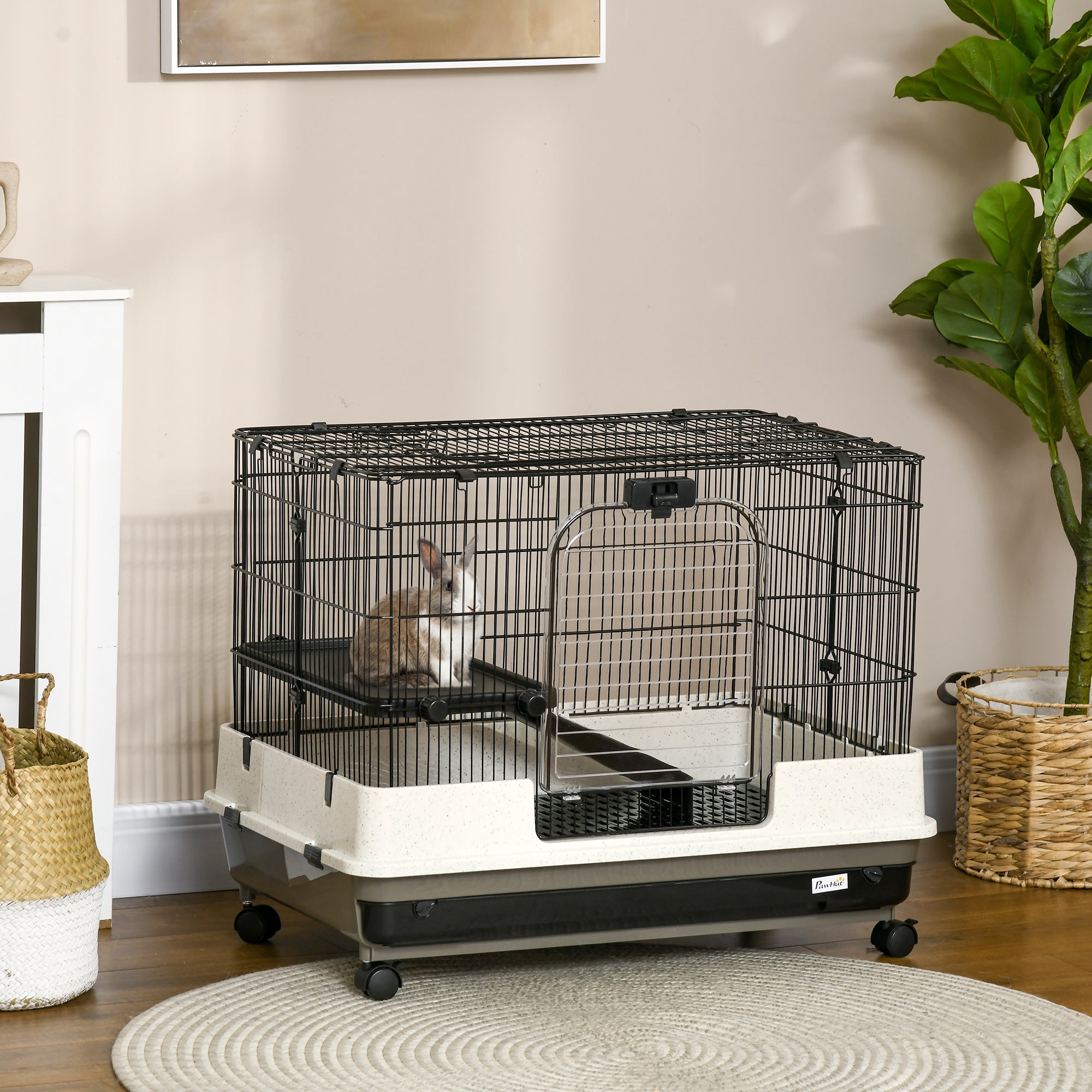 2-tier Compact Platform Rolling Small Animal Rabbit Cage for Hamsters, Chinchillas & Gerbils with a Large Living Space - Black and White - Image 2