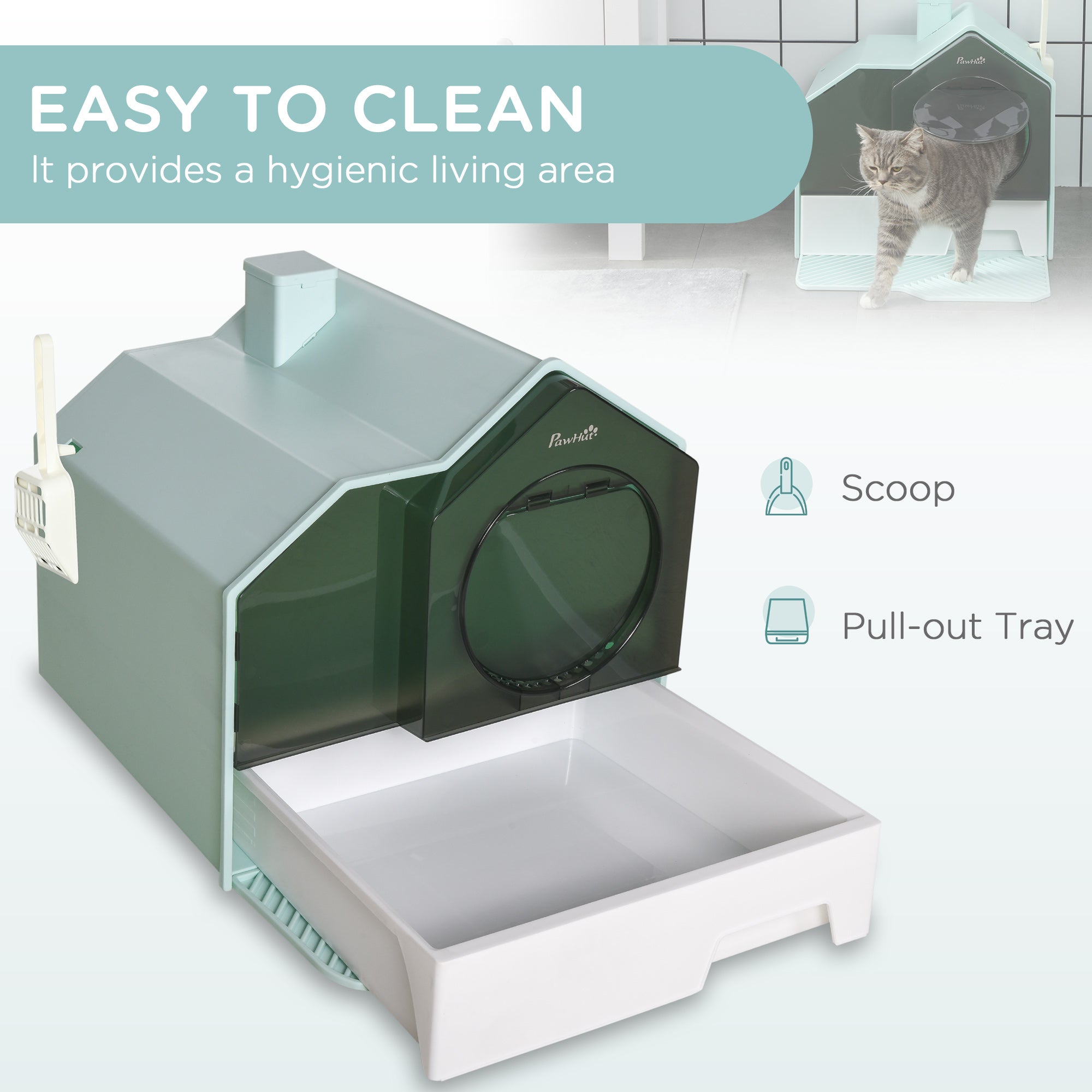 Hooded Cat Litter Box w/ Litter Mat, Litter Particle Catching, Light Blue - Light Blue - Image 5