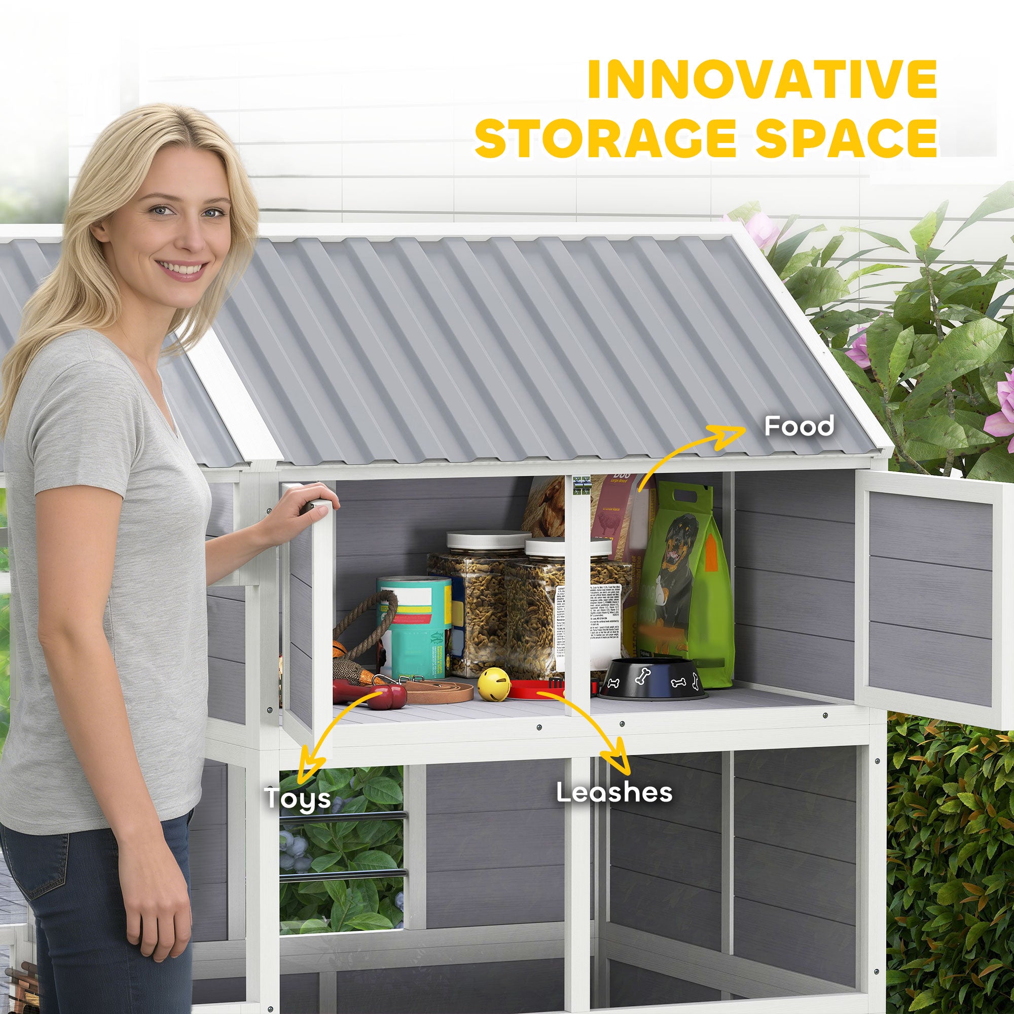 79"L Large Dog House Outdoor, Wooden Dog Kennel with Porch, Storage Cabinet,Weatherproof Roof, Windows - Gray - Image 5