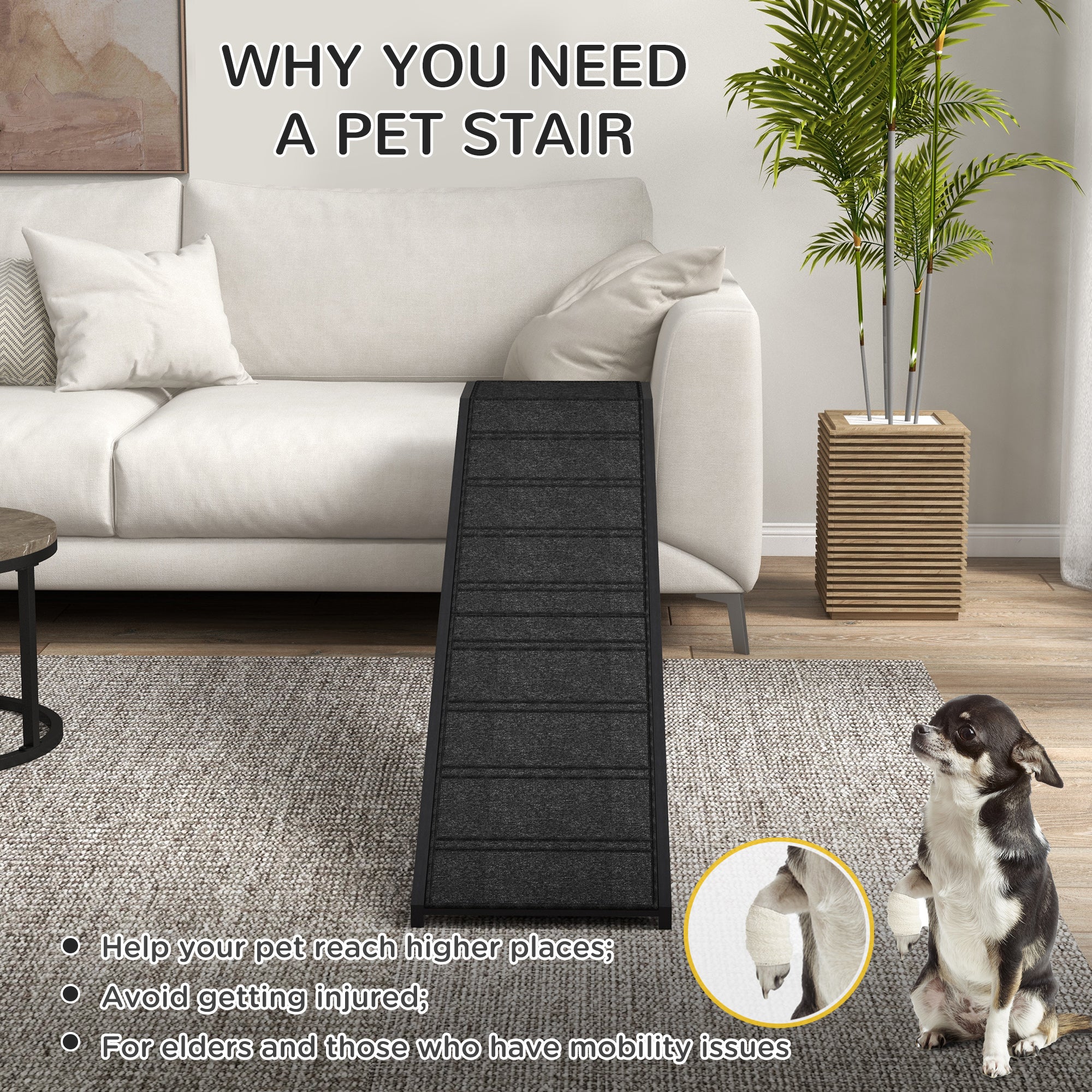 Dog Ramp w/ Non-Slip Carpet and Top Platform, 74" x 16" x 25", Black - Black - Image 5